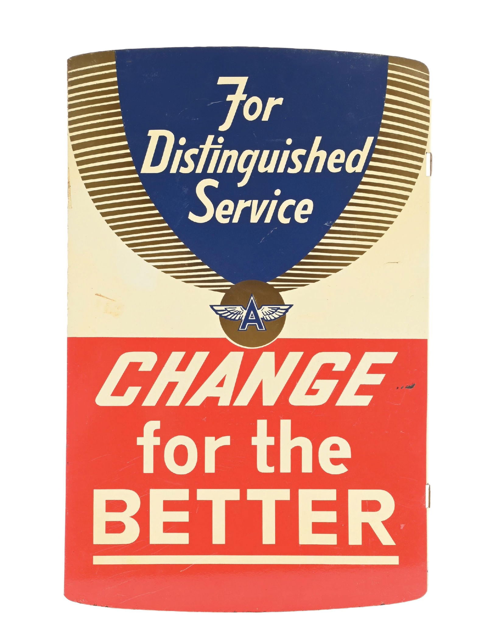 VEEDOL MOTOR OIL TIN FLANGE SIGN W/ FLYING A GRAPHIC: DST. C. 1950s. CONDITION: Overall very good, showing good color and gloss with light surface scratching in the field of each side. Sign shows paint loss at the flange with some general wear along the