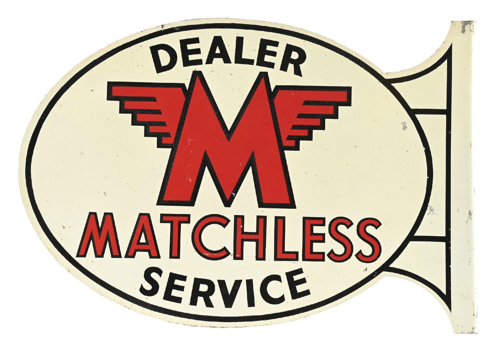 MATCHLESS DEALER & SERVICE TIN FLANGE SIGN: DST. CONDITION: Excellent color & gloss throughout each side with minor areas of light surface scratching on each side. Minimal areas of light wear at the edge with some minor paint loss on the flange