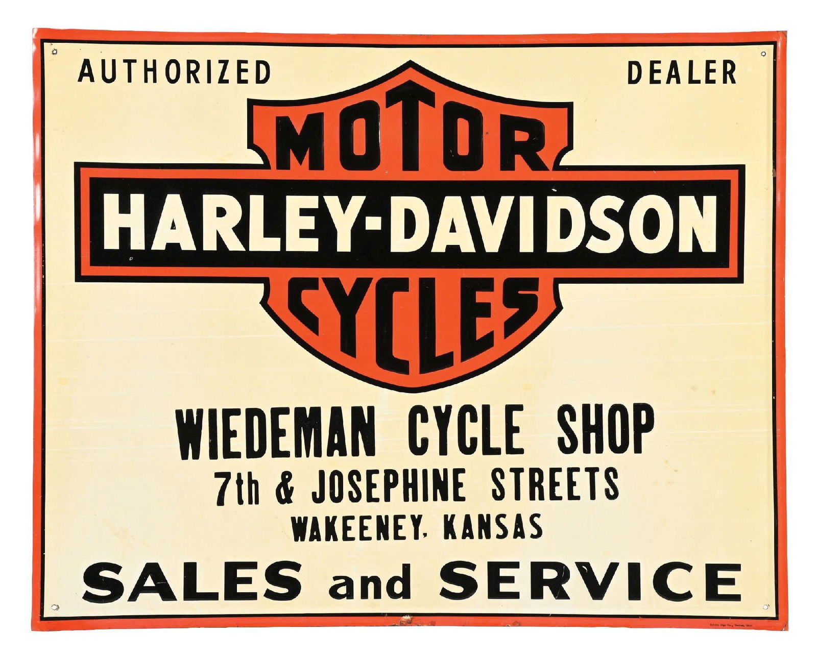 HARLEY DAVIDSON MOTORCYCLES SALES & SERVICE EMBOSSED TIN SIGN FOR WIEDEMAN CYCLE SHOP. (1 of 3)