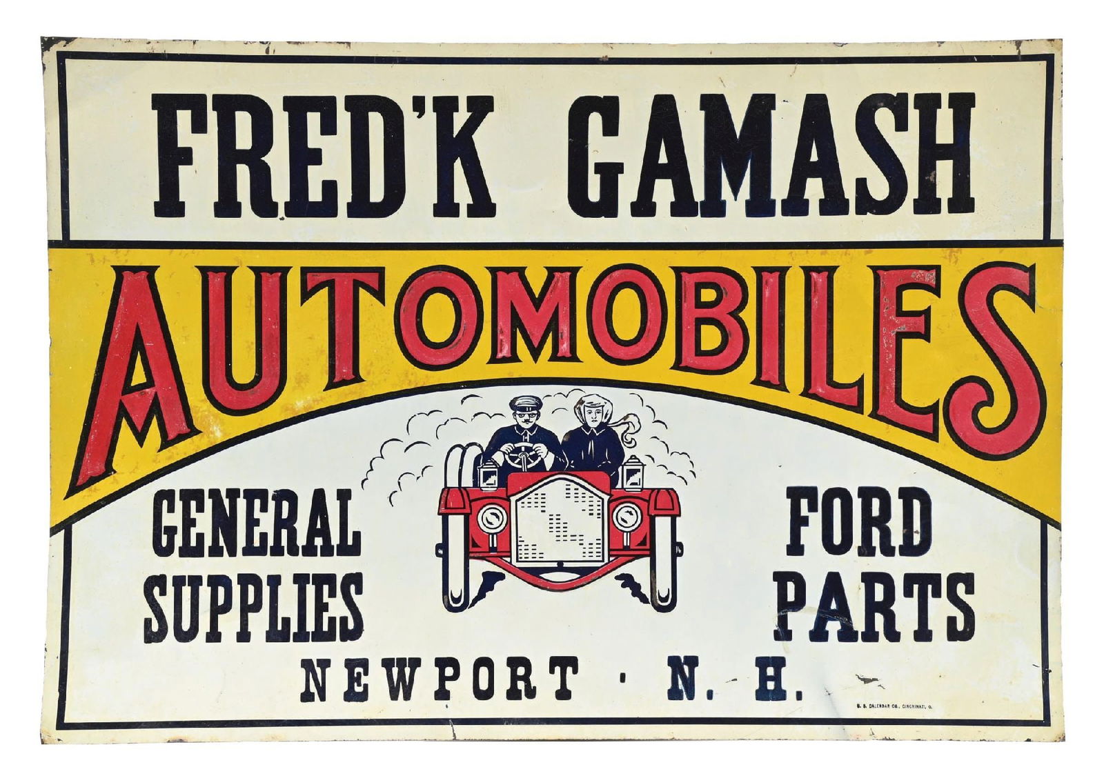 FRED'K GAMASH AUTOMOBILES SUPPLIES & FORD PARTS EMBOSSED TIN SIGN W/ CAR GRAPHIC: SST. C. 1910s. Maker Marked U.S. Calendar Co., Cincinnati, Ohio. CONDITION: Bright color and gloss throughout showing excellent early Automobile graphic. Minor areas of light age & surface wear with s