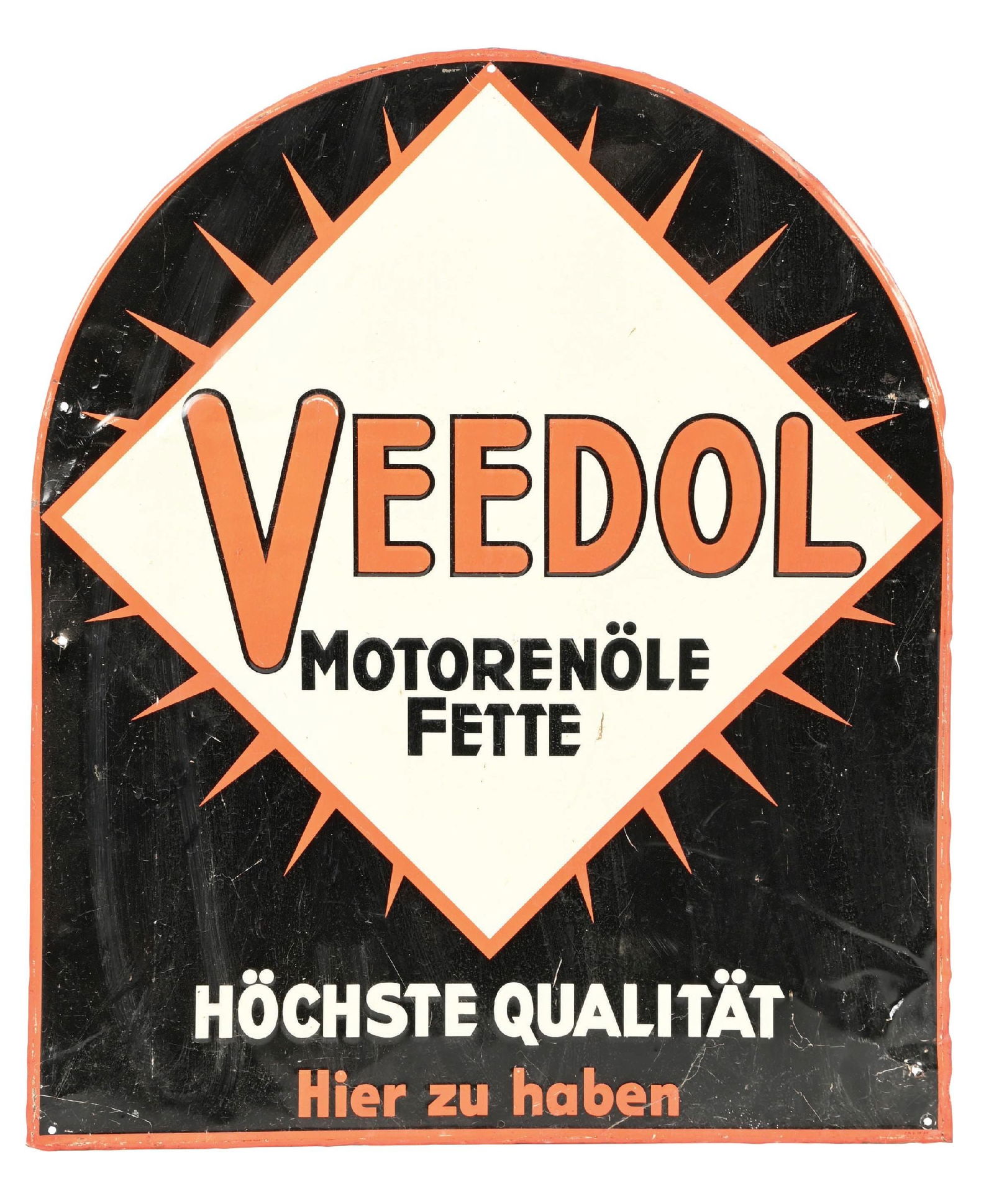 VEEDOL MOTOR OILS EMBOSSED TIN TOMBSTONE SIGN: SST. CONDITION: Bright and glossy, showing moderate surface scratching in the field as well as some light areas of denting. Sign shows denting along the outer edges, as well a some added nail holes