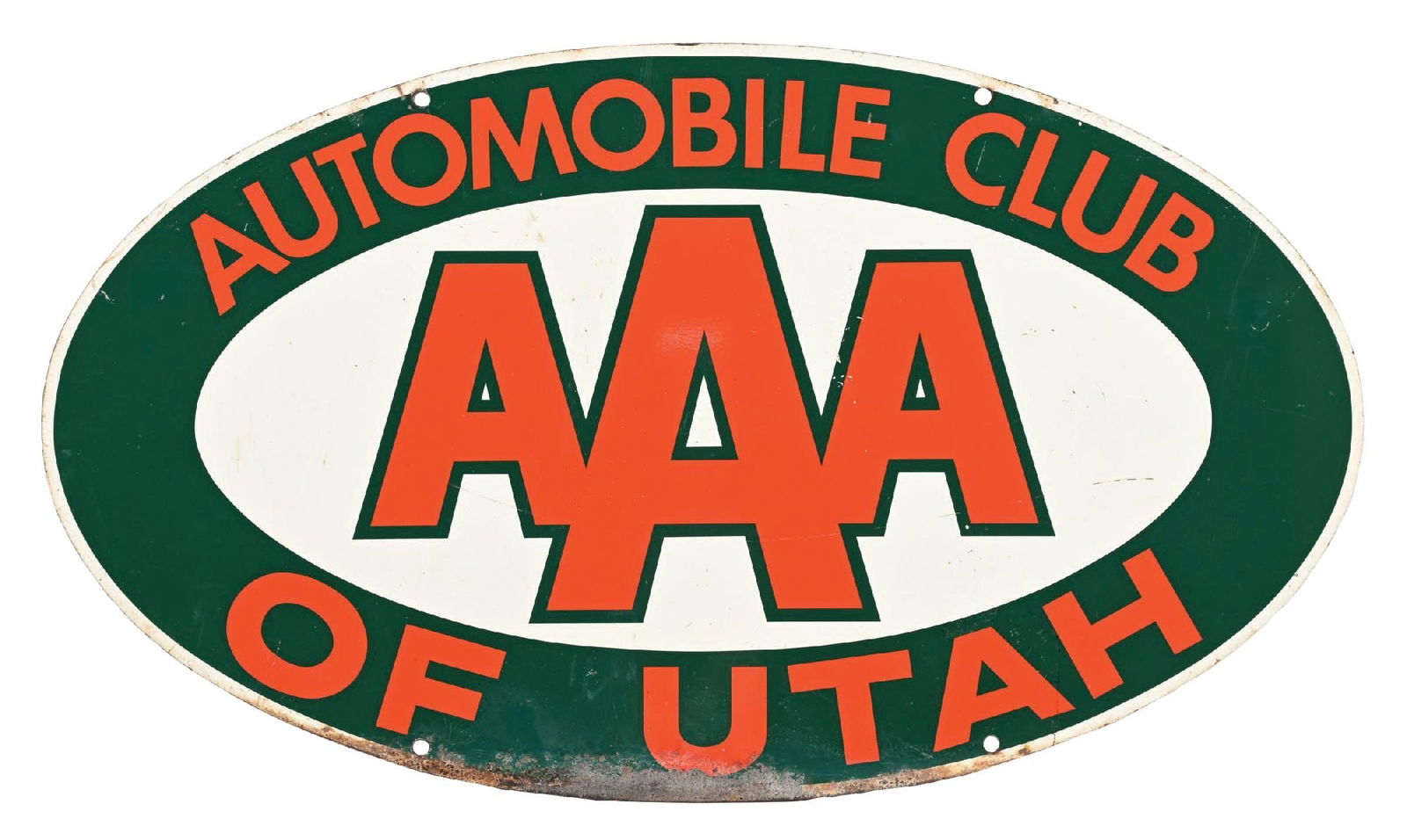 AUTOMOBILE CLUB OF UTAH PAINTED METAL SIGN: DST. CONDITION: Excellent color & gloss throughout showing light surface scratching in the field of each side. Heavier paint wear along the lower edges, with light mounting hole wear. Condition: