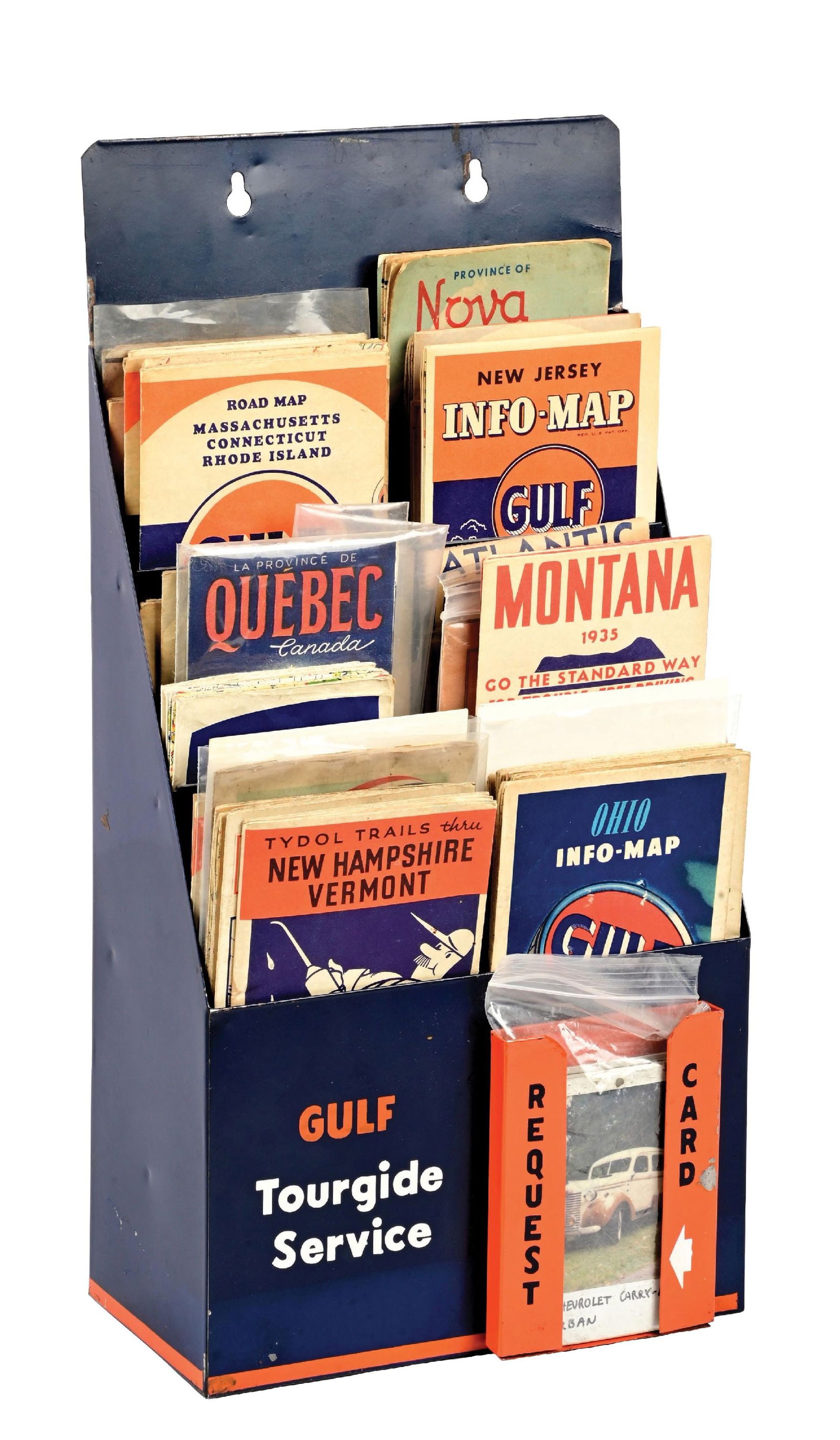 GULF TOURGIDE SERVICE STATION MAP DISPLAY W/ MAPS: SST. CONDITION: Rack is in very good condition showing excellent color & gloss with some minor areas of light surface wear and paint scratches. Rack is also full or various Service Station Maps. An