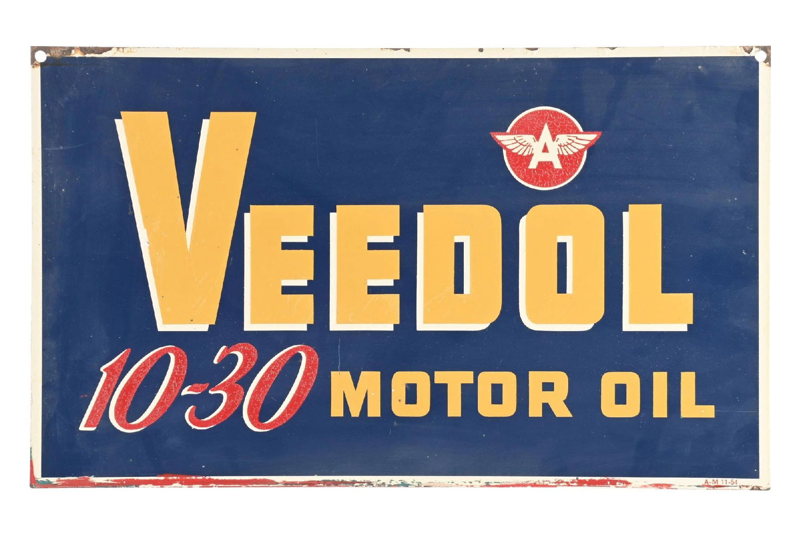 VEEDOL 10-30 MOTOR OIL TIN SERVICE STATION SIGN: SST. Maker Marked A.M. Dated 1954. CONDITION: Very good color & gloss, showing minor surface scratches in the field. Paint loss at the upper edges with two added nail holes, paint remnants along the