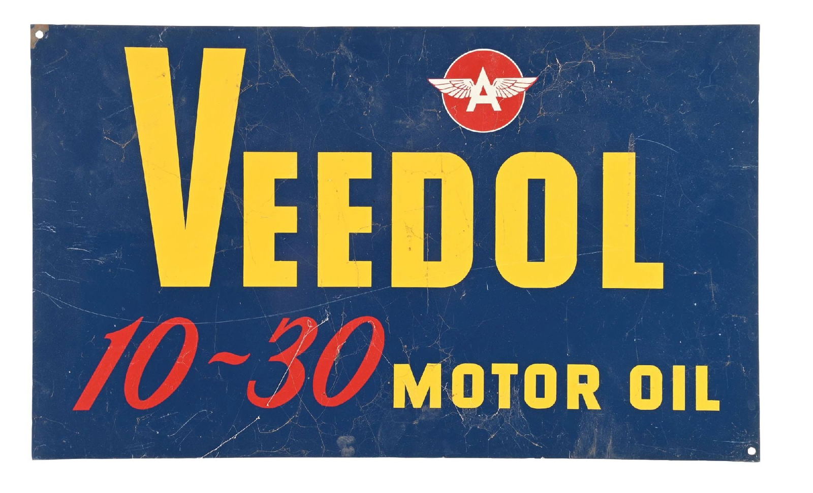 VEEDOL 10-30 MOTOR OIL TIN SERVICE STATION SIGN: SST. C. 1950s. CONDITION: Overall bright and glossy, showing moderate surface scratches in the field. Paint wear at the top-left edge, as well as minimal wear along the outer edges. Condition: