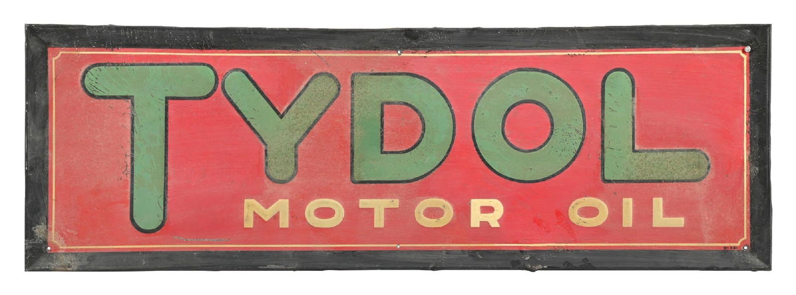 TYDOL MOTOR OIL EMBOSSED TIN SIGN: SST. CONDITION: Sign showing moderate to heavy wear throughout the field, with areas of staining as well as paint scratching and lifting. Minor wear at the mounting holes with general wear along the