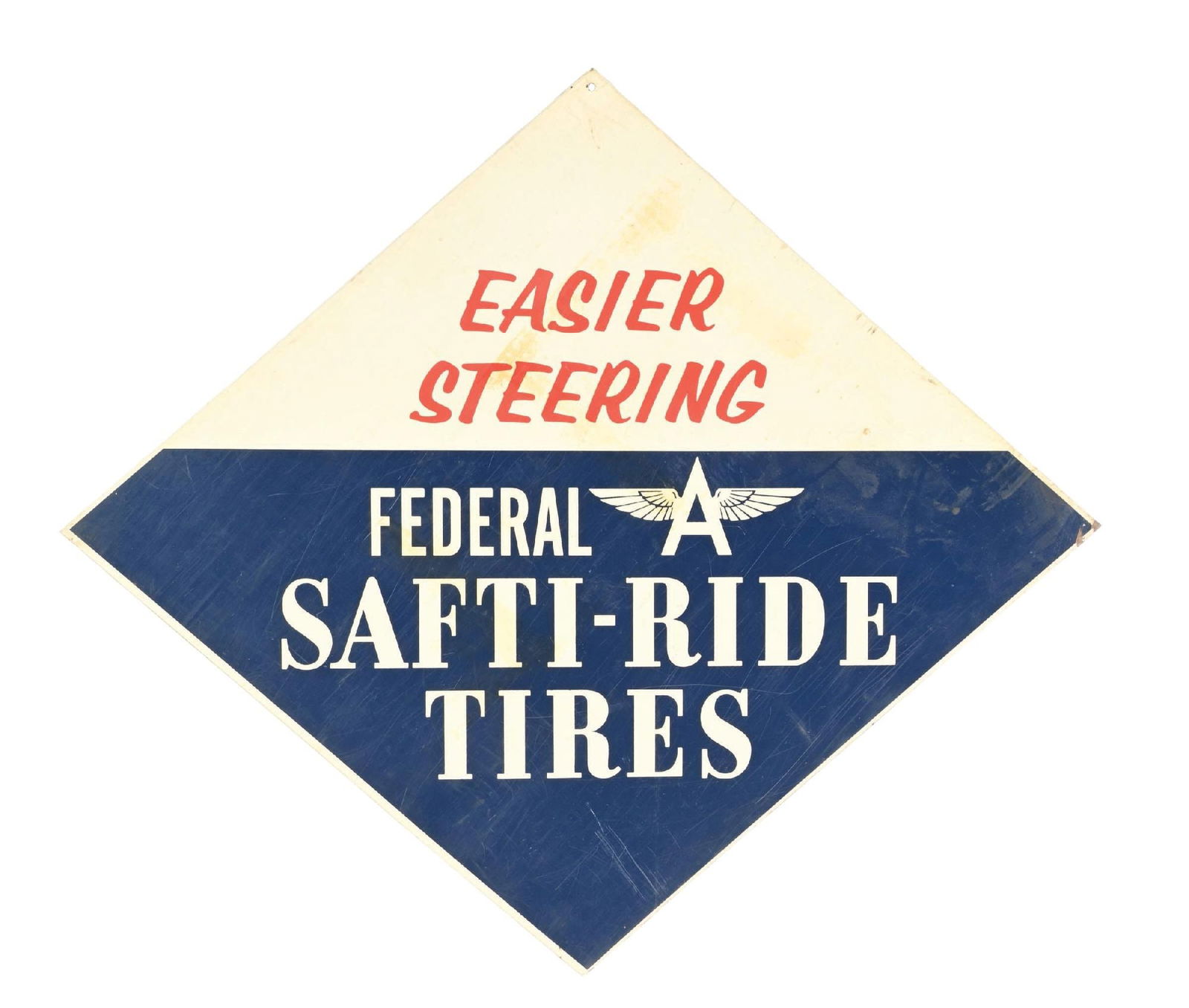 FEDERAL TIRES TIN SIGN W/ FLYING A GRAPHIC: DST. C. 1950s. CONDITION: Sign showing very good color and gloss, with light areas of surface scratching from storage. Side two showing some areas of staining in the white. Minimal paint wear along