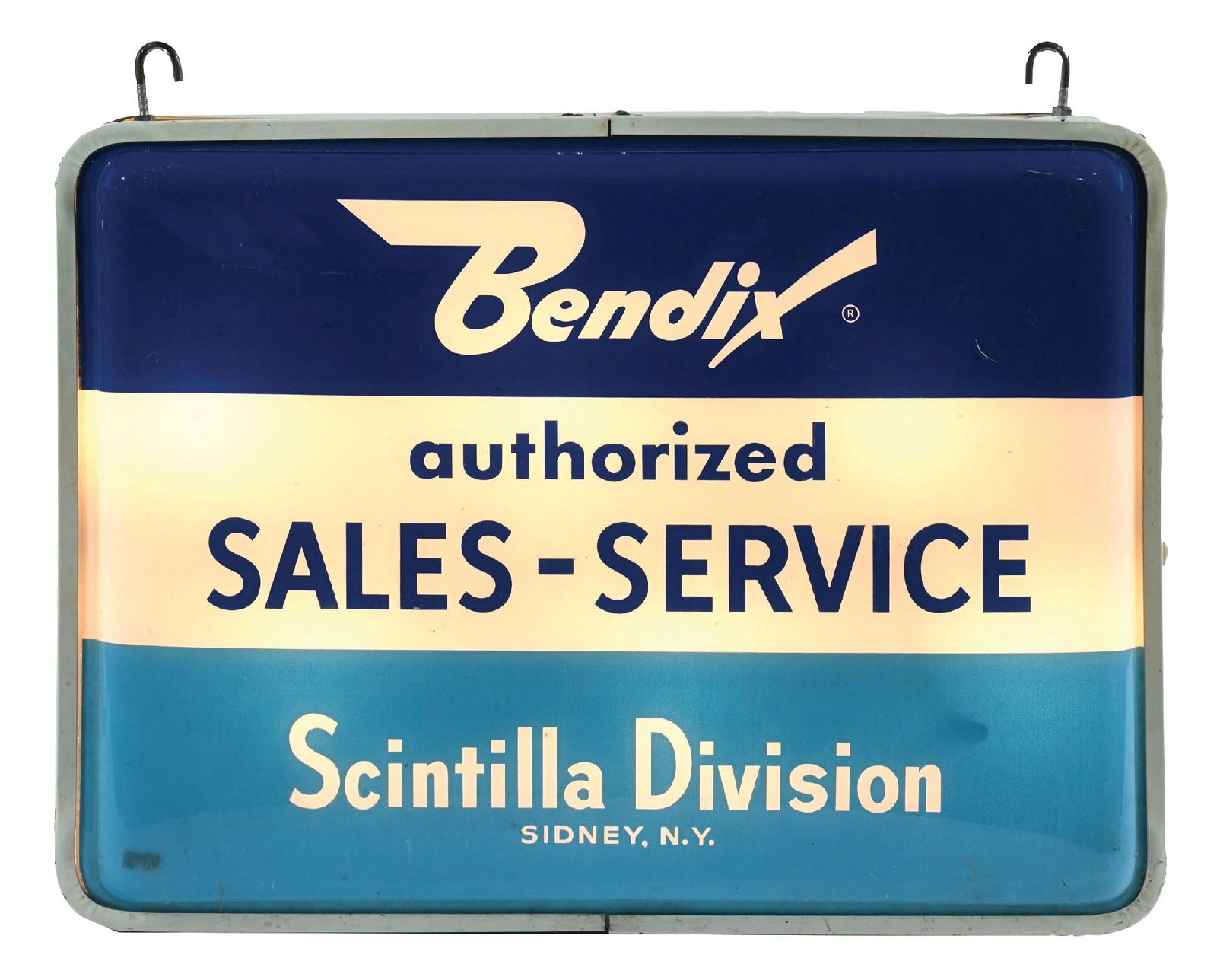 BENDIX AUTHORIZED SALES & SERVICE LIGHT- UP STORE DISPLAY SIGN: Double-Sided Plastic Light-Up Store Display for Bendix Aircraft Authorized Sales & Service. CONDITION: Each in outstanding condition, showing minor areas of light surface wear on each face, with each