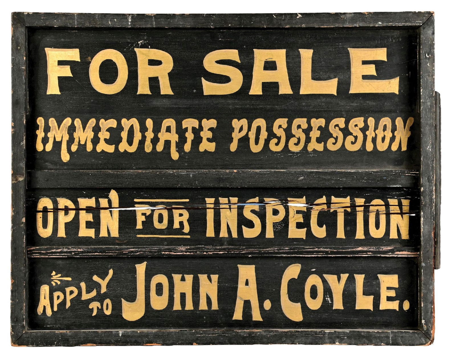 FOR SALE OPEN FOR INSPECTION HAND PAINTED WOOD SIGN: Single-Sided Hand-Painted Wood Sign. C. 1920s. CONDITION: Excellent condition hand-painted sign, showing unique shaded lettering done in gold with black background in multiple style of scripts. Sign