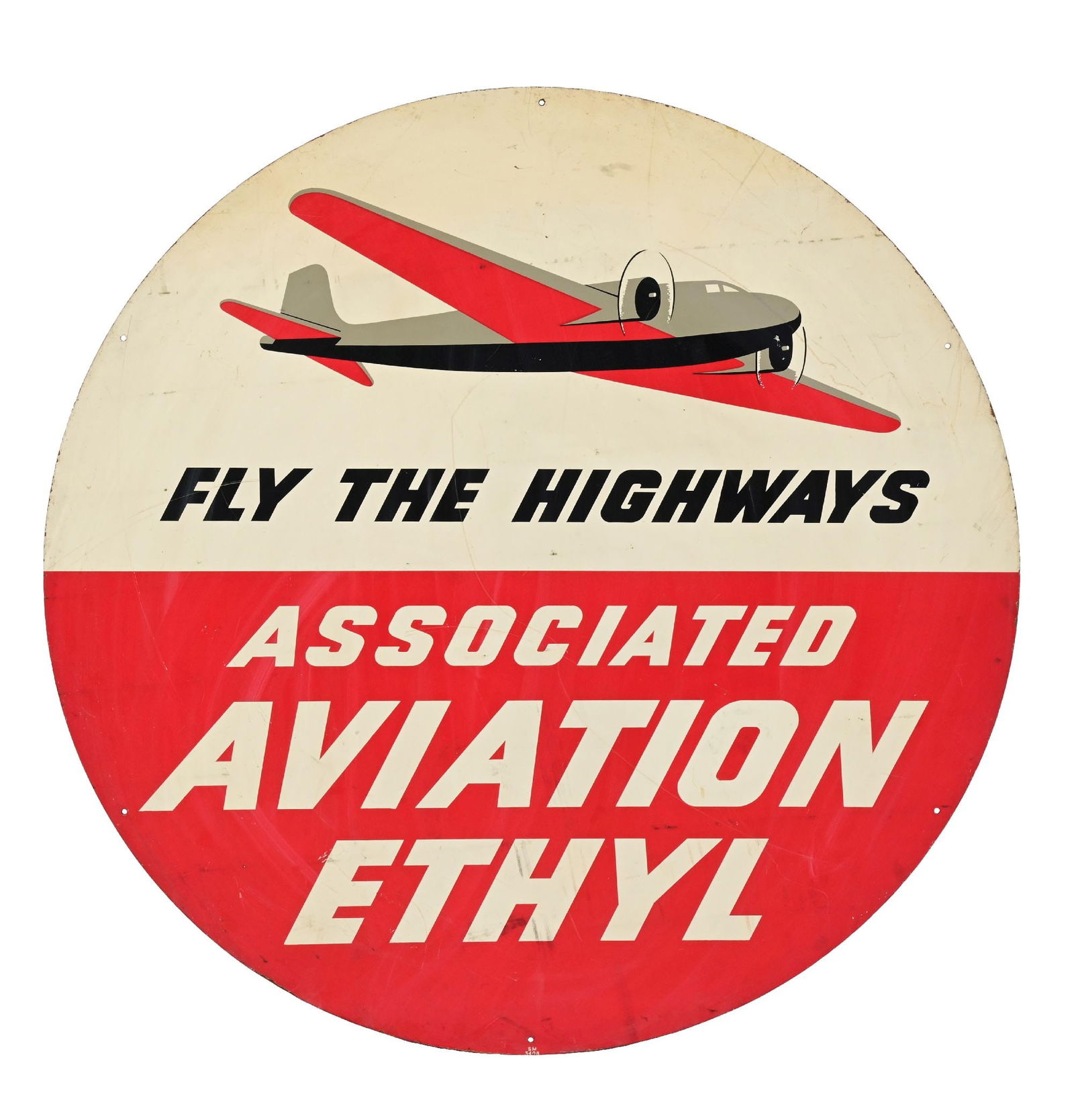 ASSOCIATED AVIATION ETHYL "FLY THE HIGHWAYS" PLYWOOD SERVICE STATION SIGN: Double-Sided Painted Wood. CONDITION: Sign showing very good color and gloss throughout each side, with some minor age staining to the white. Each side showing areas of scratching with some minor