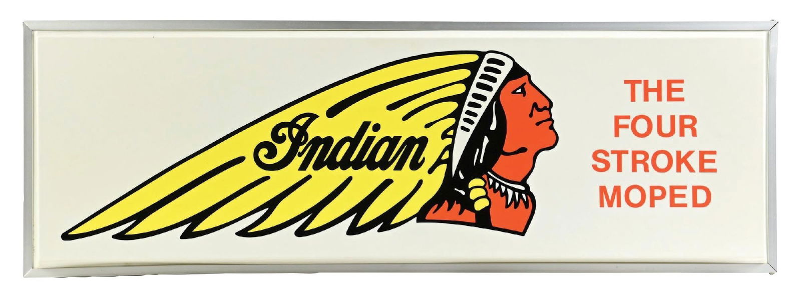 INDIAN "THE FOUR STROKE MOPED" LIGHT-UP STORE DISPLAY SIGN: Single-Sided Plastic Light-Up Sign for Indian showing "The Four Stroke Moped". Maker marked Mirro-Products Company. CONDITION: Sign is outstanding and appears new old stock, showing excellent color