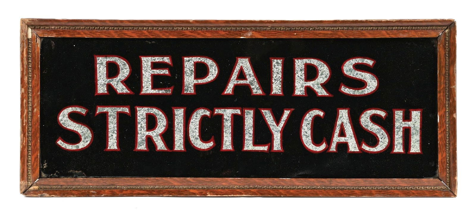 REPAIRS STRICTLY CASH REVERSE PAINTED FOIL & GLASS SIGN W/ ORIGINAL WOOD FRAME: Single-Sided Glass Sign with original Wood Frame. C. 1920s. CONDITION: Excellent color throughout the glass, showing excellent condition foil lettering with red painted borders. Light use and age wear