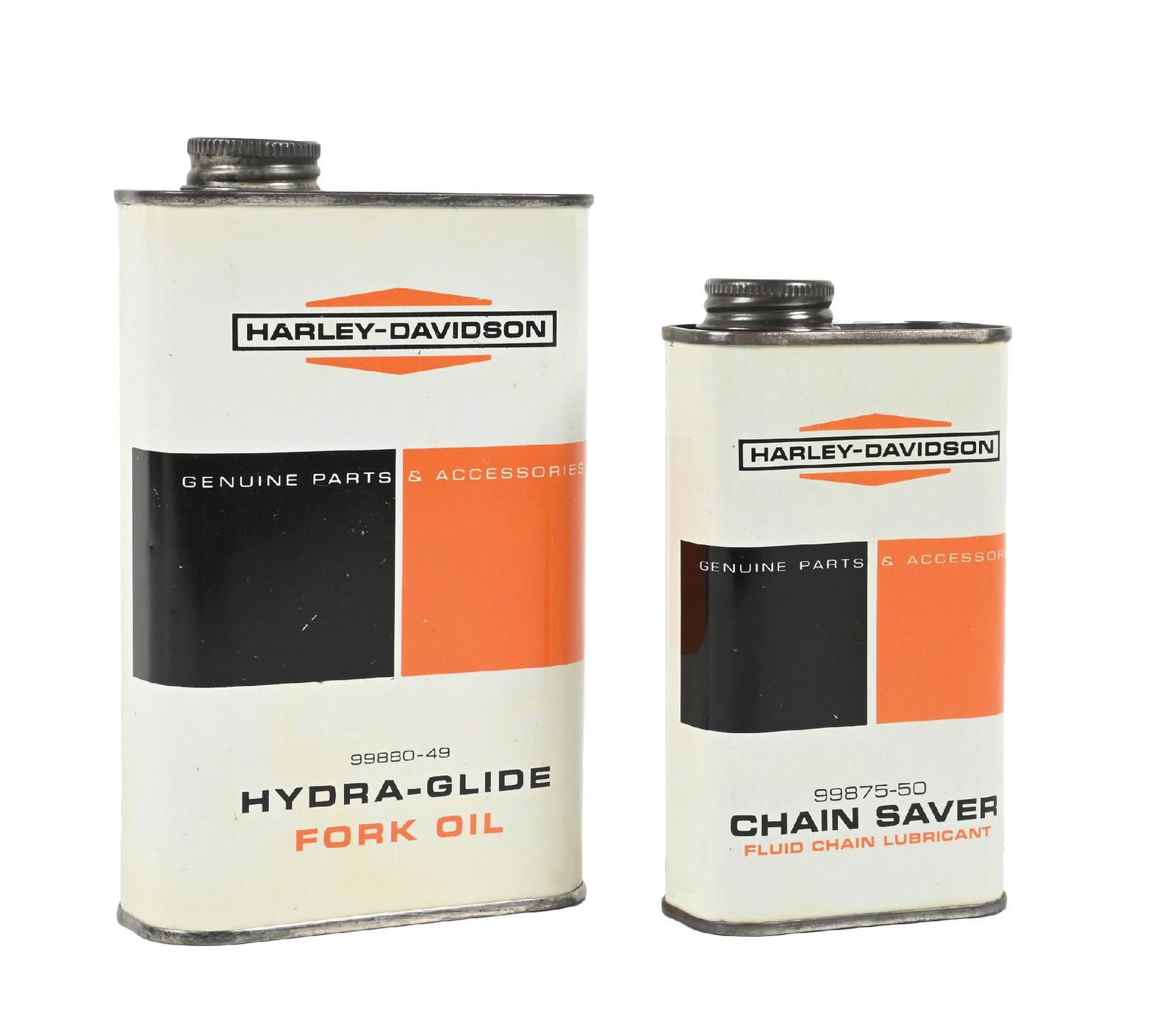 COLLECTION OF 2: HARLEY DAVIDSON HYDRA-GLIDE FORK OIL ONE PINT CAN AND CHAIN SAVER FLUID LUBRICANT: Collection Consists of: Hydra-Glide Fork Oil One-Pint Can & Chain Saver Half-Pint Can. CONDITION: Each in outstanding condition, showing no notable field wear other than some light age staining. Excel