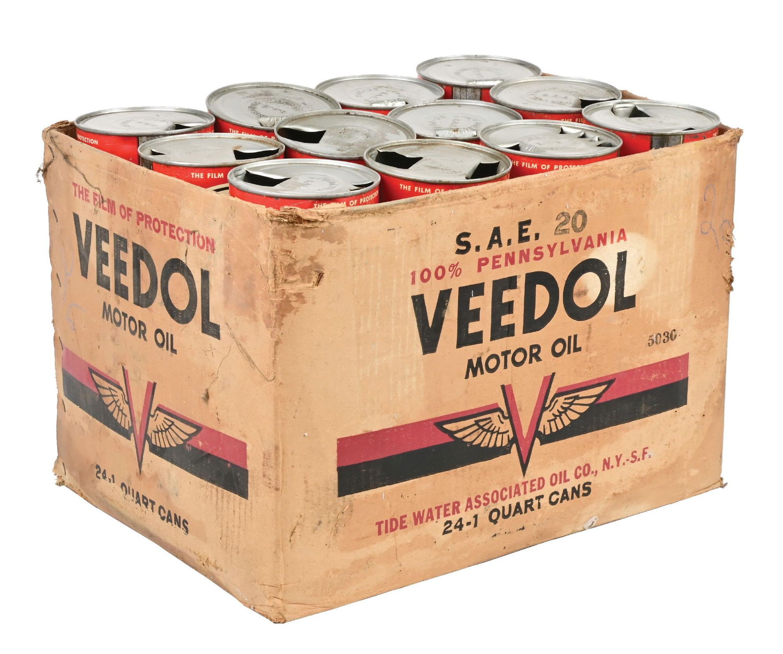 ORIGINAL CASE OF 24 VEEDOL MOTOR OIL ONE QUART CANS (1 of 3)