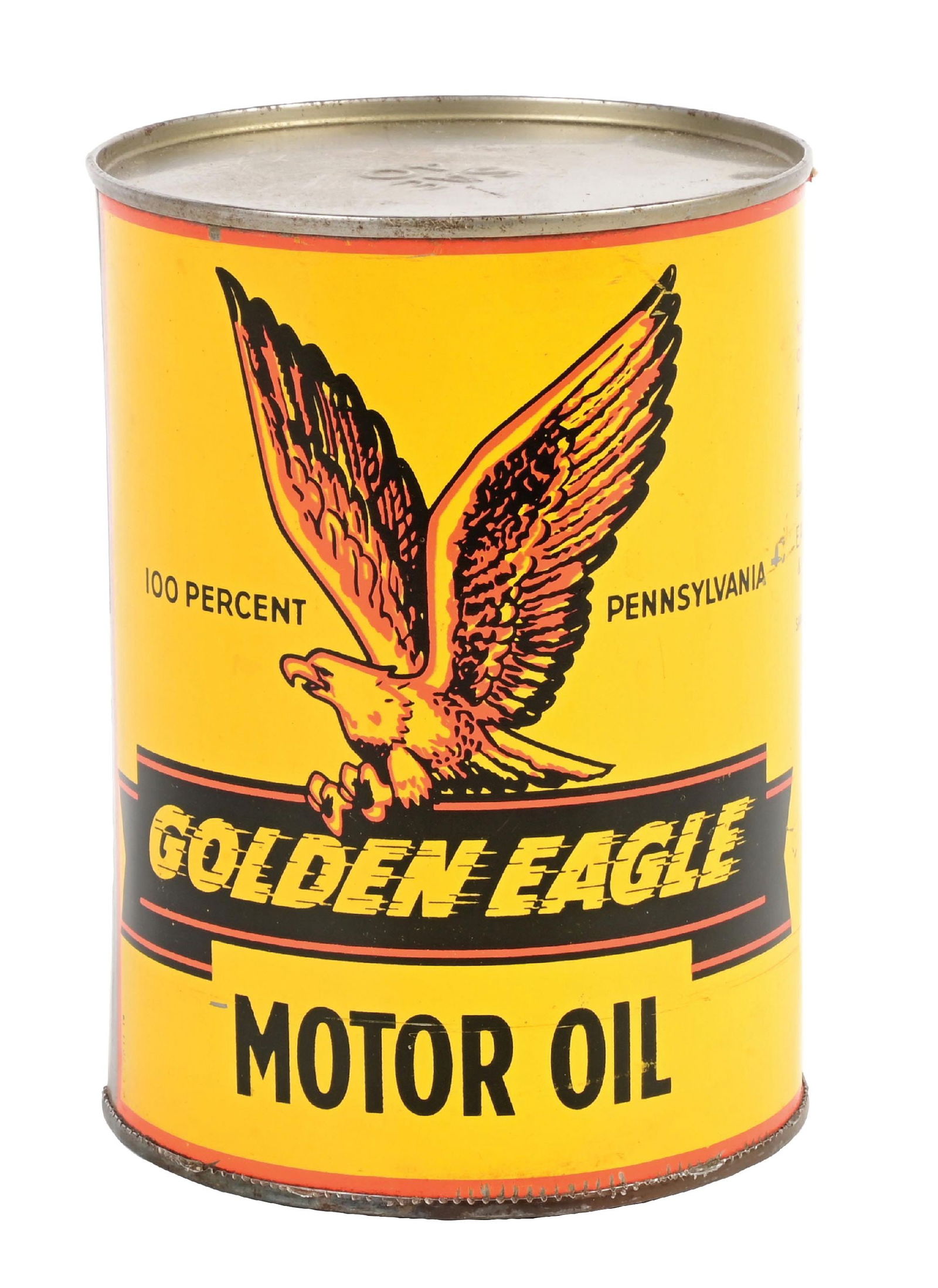 RARE GOLDEN EAGLE MOTOR OIL ONE-QUART CAN W/ EAGLE GRAPHIC: One-Quart Can. Eagle Oil & Refining Co., Santa Fe Springs, California. C. 1950s. CONDITION: Very good color and gloss throughout, showing excellent eagle graphic on each side. Limited areas of minor s