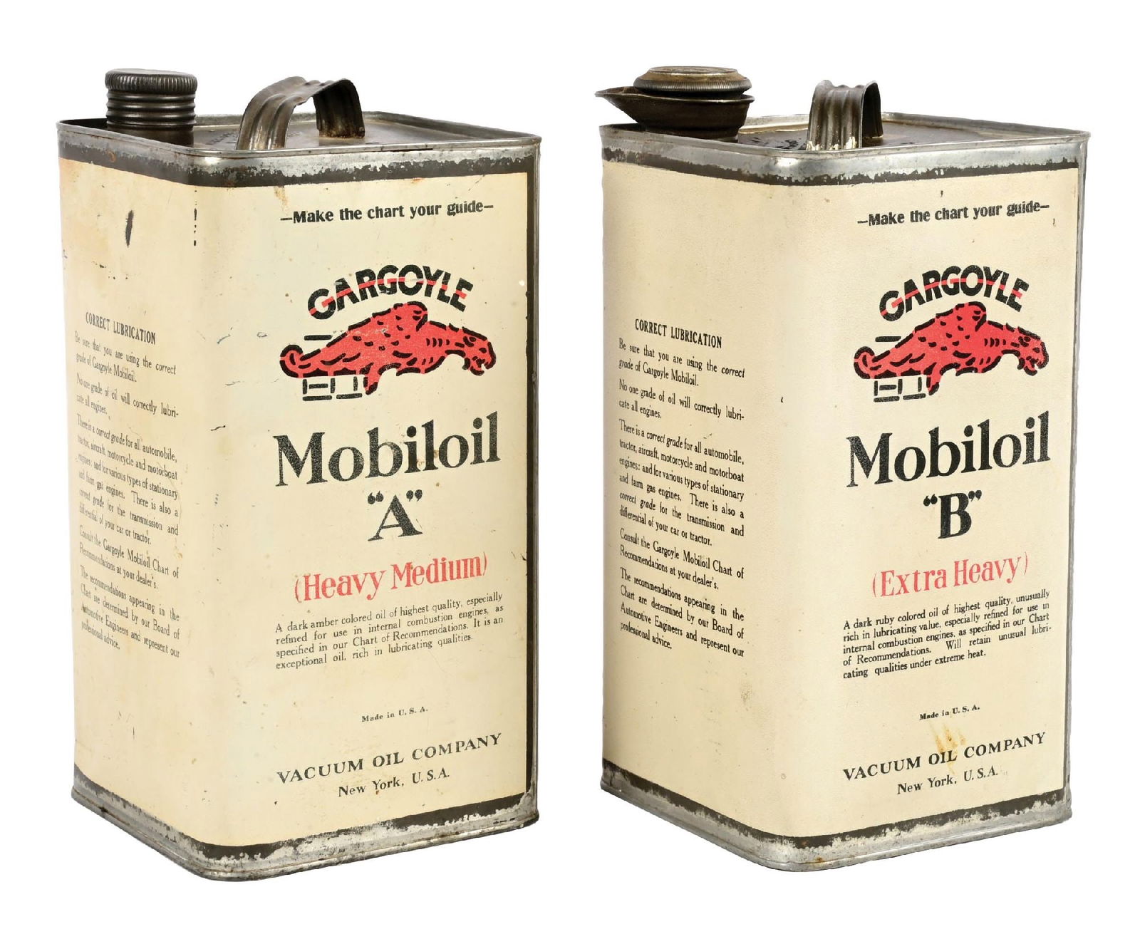 COLLECTION OF 2: MOBILOIL A & B ONE- GALLON CANS WITH GARGOYLE GRAPHICS (1 of 10)