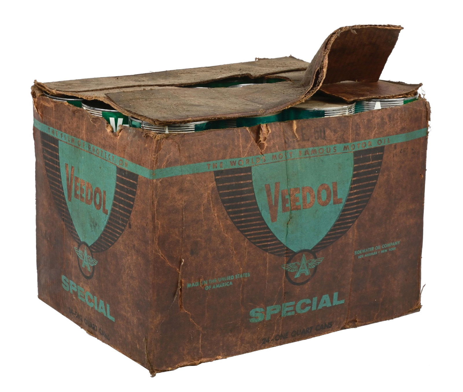 ORIGINAL CARD BOARD CASE OF 24 ONE-QUART VEEDOL SPECIAL MOTOR OIL COMPOSITE ONE QUART CANS (1 of 3)