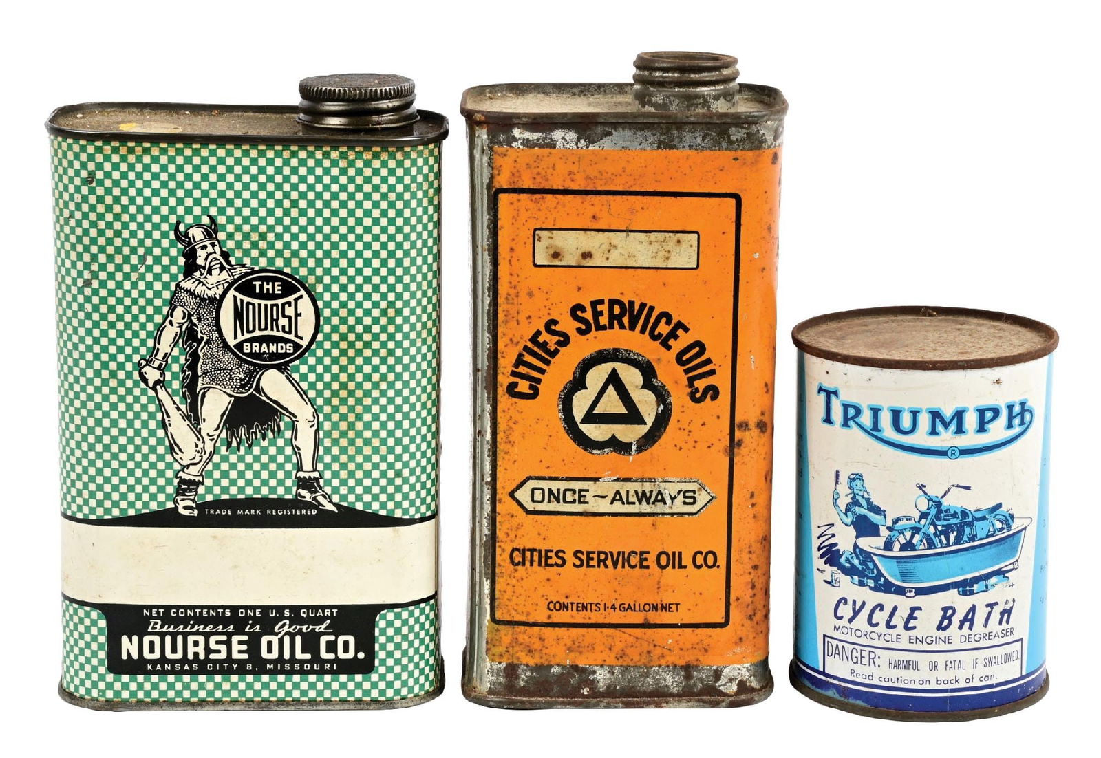 COLLECTION OF 3: NOURSE, CITIES SERVICE & TRIUMPH OIL & BATH CANS (1 of 4)