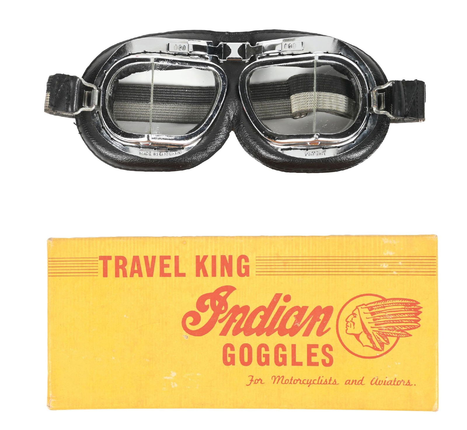 INDIAN MOTORCYCLES TRAVEL KING GOGGLES FOR MOTORCYCLES AND AVIATORS N.O.S. IN ORIGINAL BOX: N.O.S. with original box. CONDITION: Brilliant condition showing only light age wear to the glass, but overall intact and very hard to improve upon. Box is also outstanding, showing clean script with