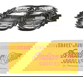 INDIAN MOTORCYCLES TRAVEL KING GOGGLES FOR MOTORCYCLES AND AVIATORS N.O.S. IN ORIGINAL BOX: N.O.S. with original box. CONDITION: Brilliant condition showing only light age wear to the glass, but overall intact and very hard to improve upon. Box is also outstanding, showing clean script with