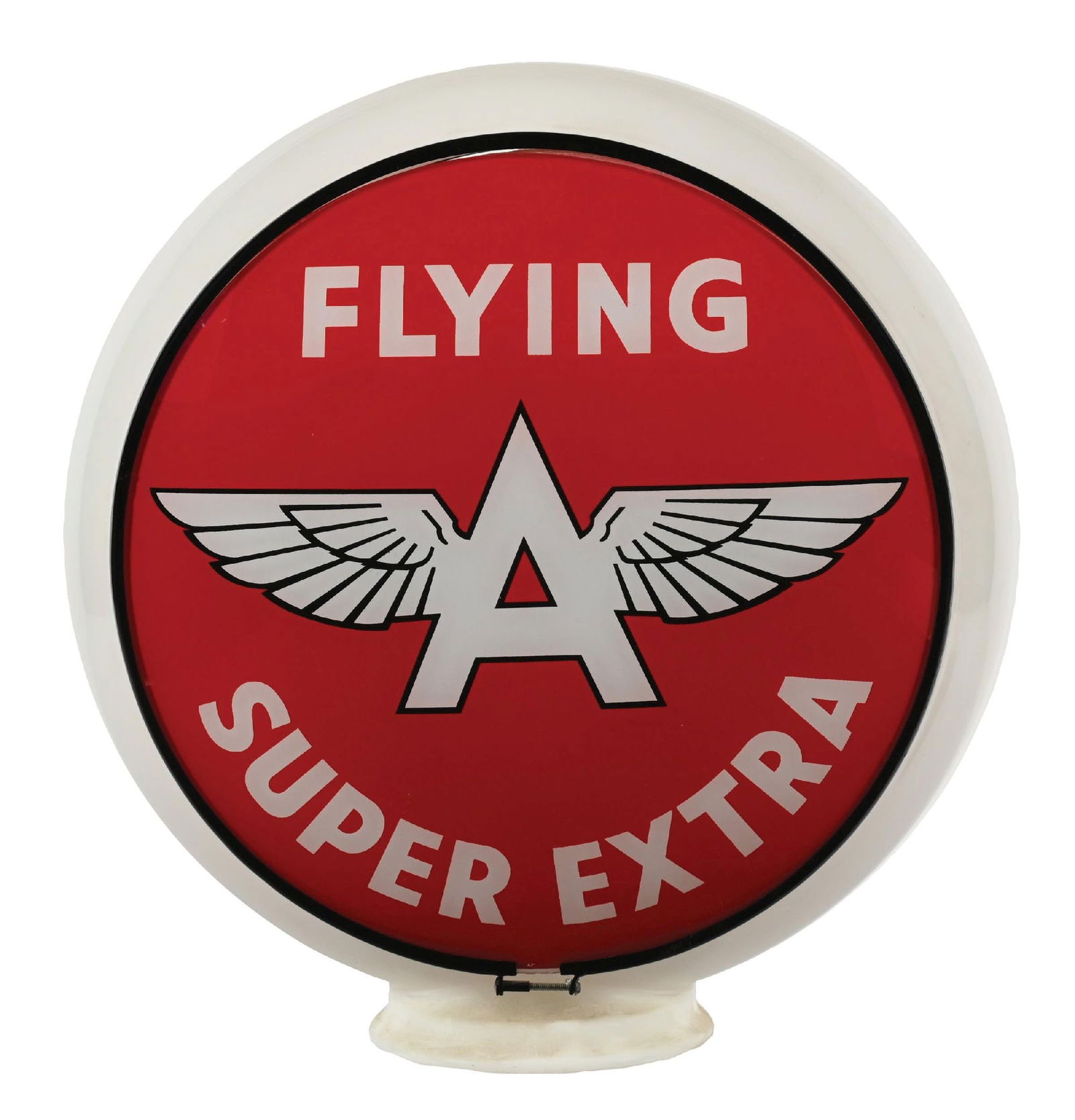 FLYING A SUPER EXTRA GASOLINE COMPLETE 13.25" GLOBE ON MILK GLASS GILL BODY. (1 of 4)