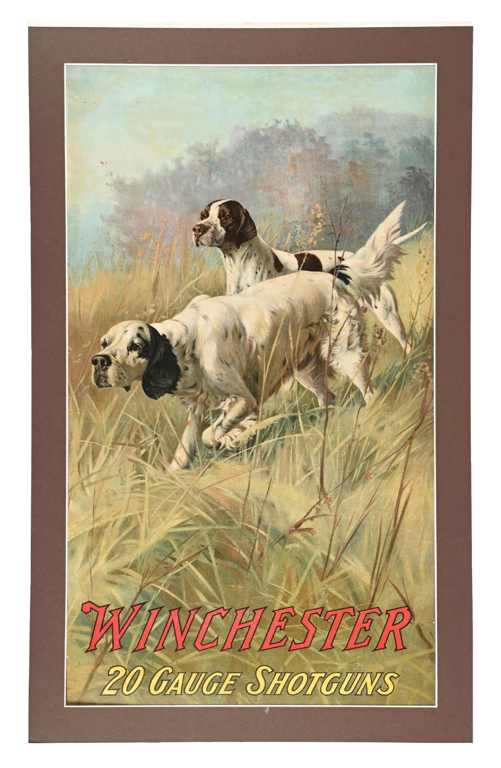 ADVERTISING POSTER FOR WINCHESTER 20-GAUGE SHOTGUNS: Single-sided paper. CONDITION: It shows some light fold marks, primarily at the edges, as well as some light wrinkling in the top-third of the poster. It comes with a contemporary matting. Condition:
