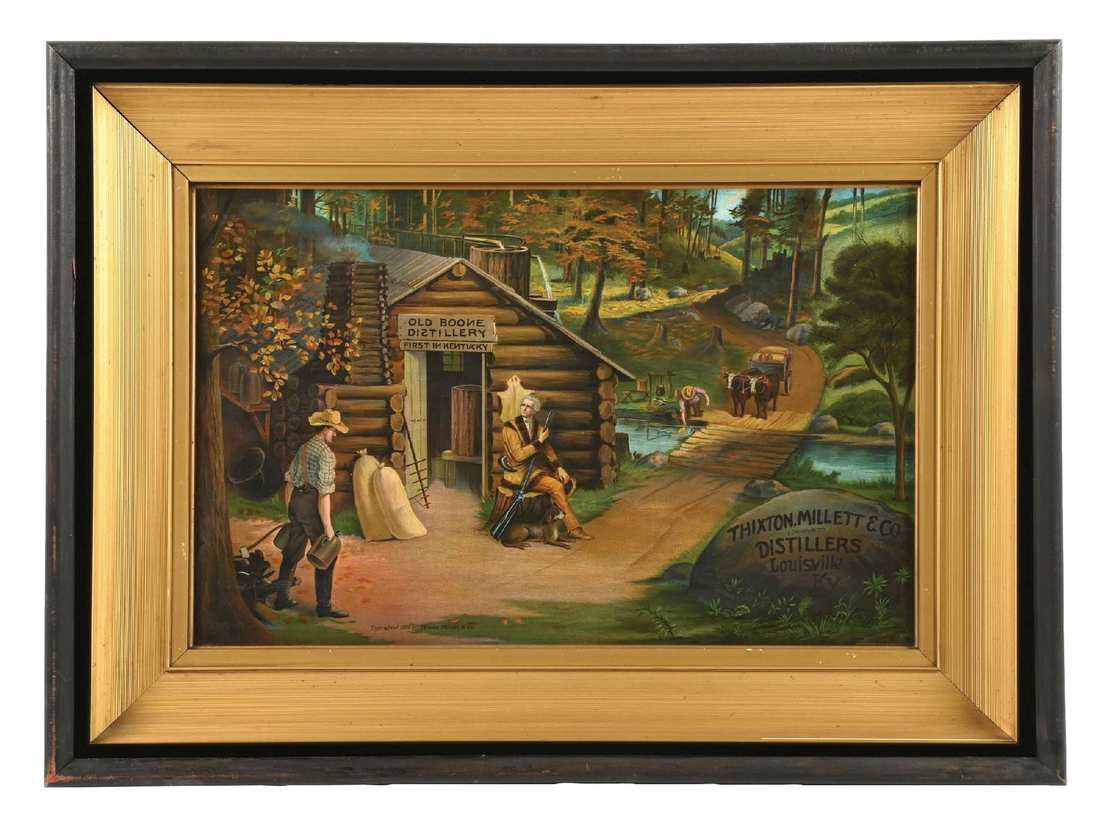 TIN ADVERTISEMENT FOR OLD BOONE DISTILLERY: CONDITION: Single-sided tin sign, copyright 1904, by the Thixton, Millett & Co., maker marked for the Haeusermann M.M. Co., Litho, N.Y., mounted in its original frame, showing very good color and shin