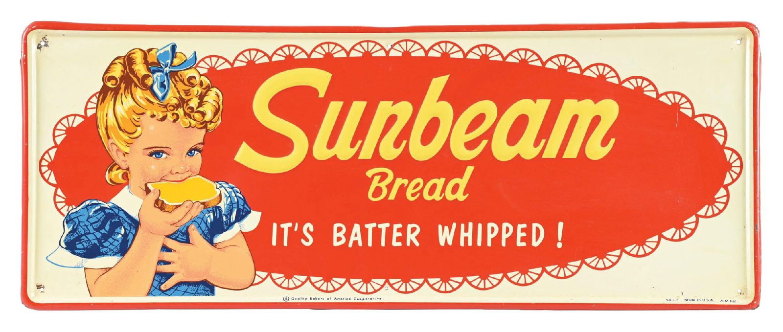 SELF-FRAMED TIN SIGN ADVERTISING SUNBEAM BREAD: SST. A self-framed sign, maker marked by the AM Company and dated 1961, with a registered trademark for Quality Bakers of America Cooperative. CONDITION: It shows some areas of scuffs and missing pain