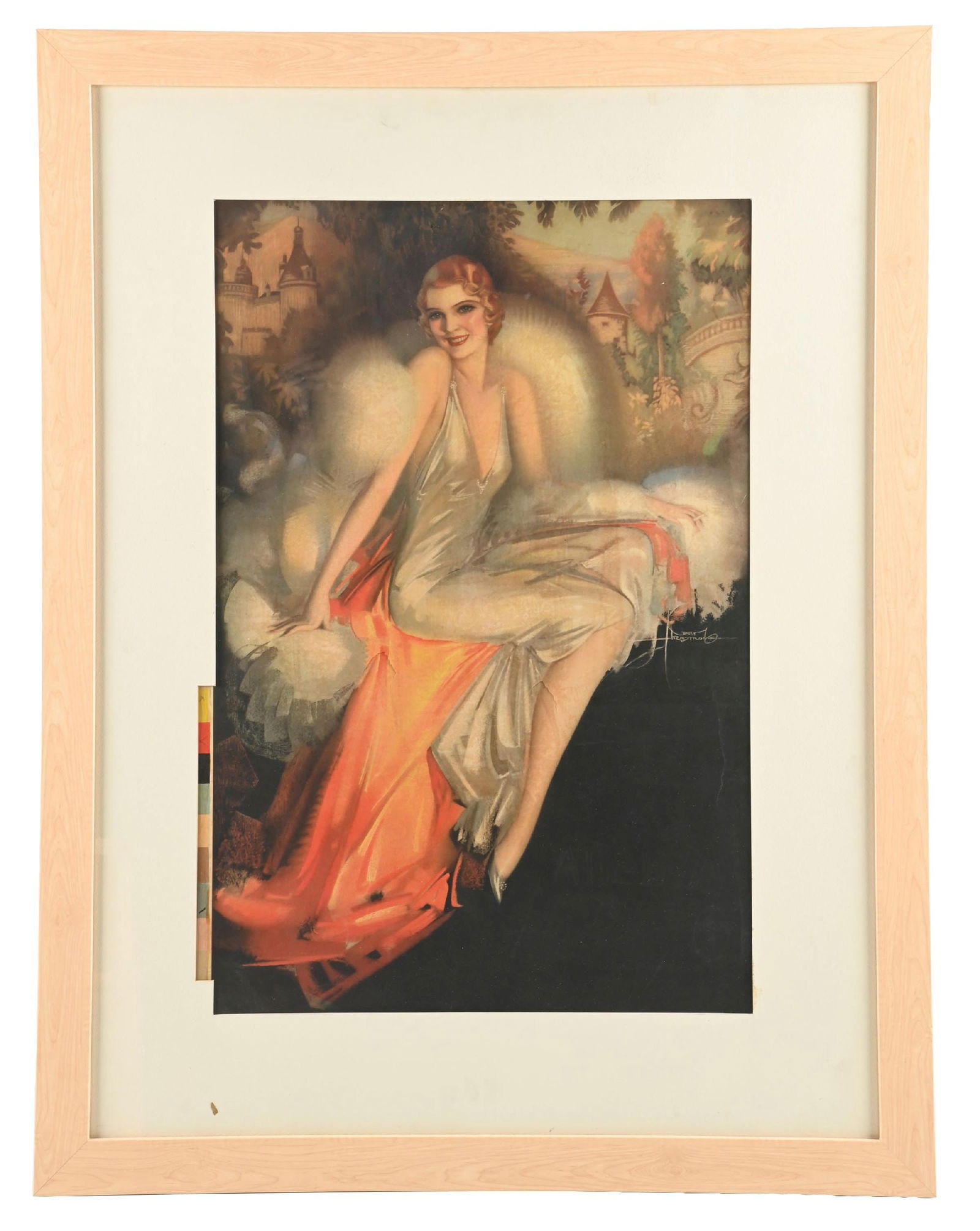 ALLEN-B HOSIERY FRAMED ROLF ARMSTRONG PRINTERS’ PROOF LITHOGRAPH: Single-Sided Paper. A stunning example of this c. 1910s-1920 single-sided paper printer's proof lithograph for Allen-B Hosiery by artist Rolf Armstrong. CONDIITON: The piece shows some light discolora