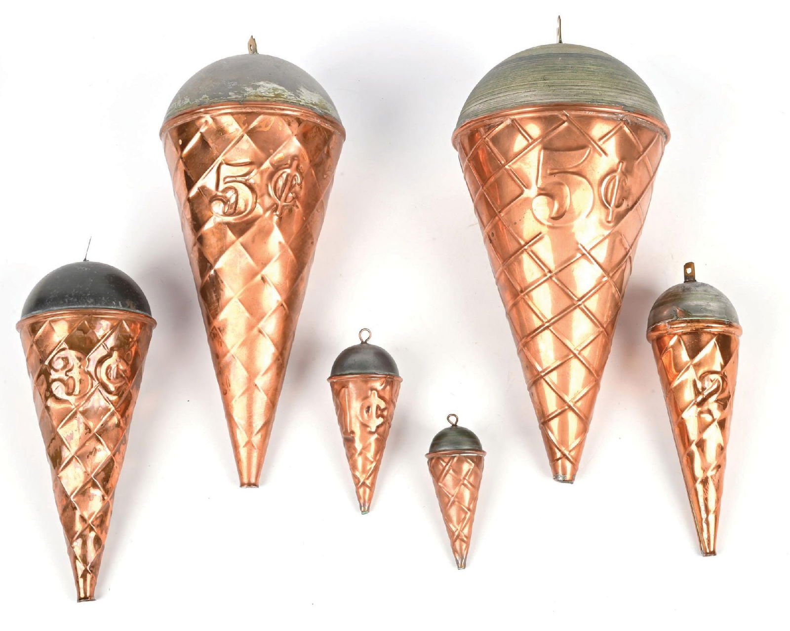 COLLECTION OF 6: FIGURAL COPPER ICE CREAM DISPLAY CONES (1 of 4)