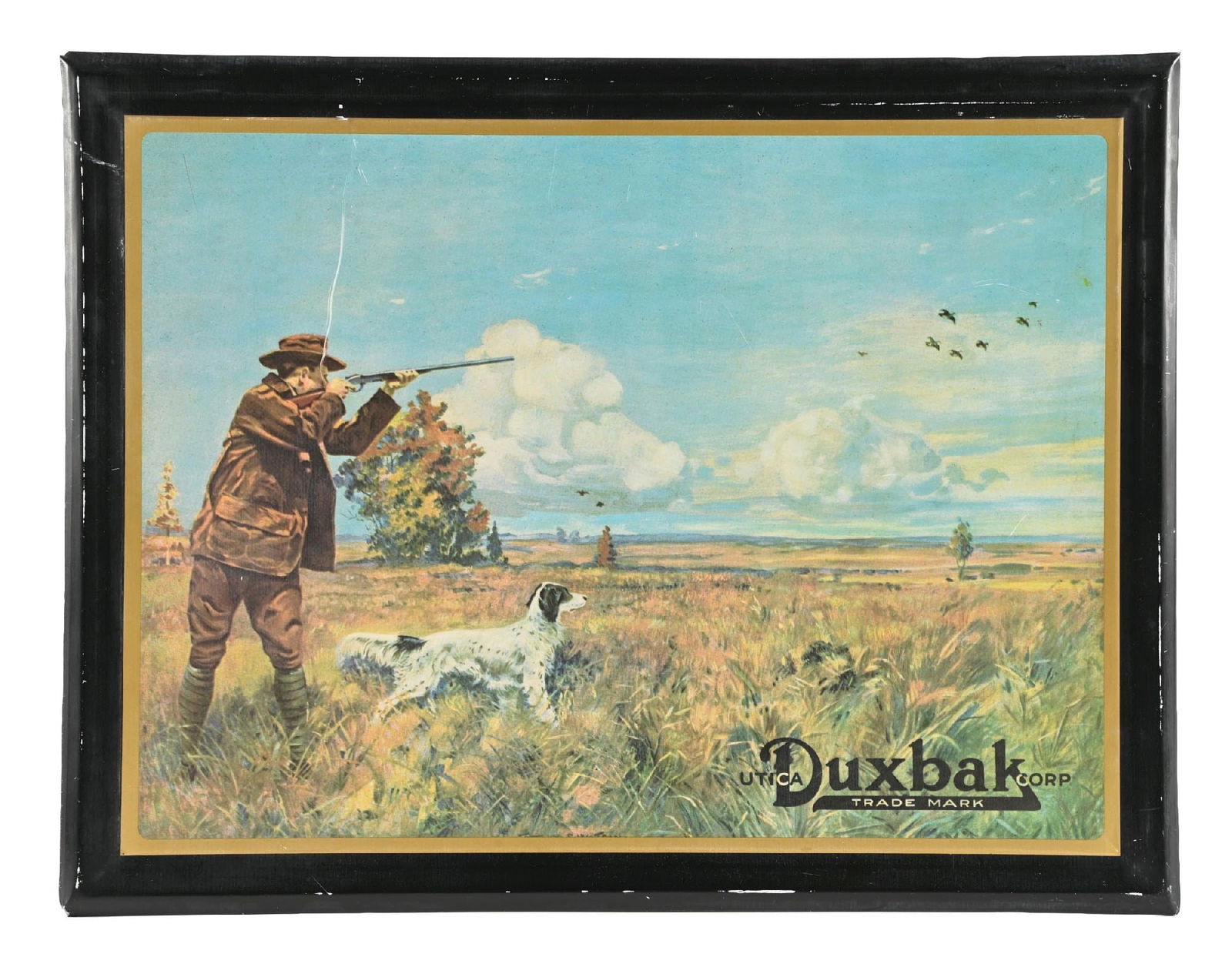 DUXBAK HUNTING CLOTHING TIN OVER CARD BOARD EASEL BACK SIGN W/ HUNTER & DOG GRAPHIC (1 of 2)