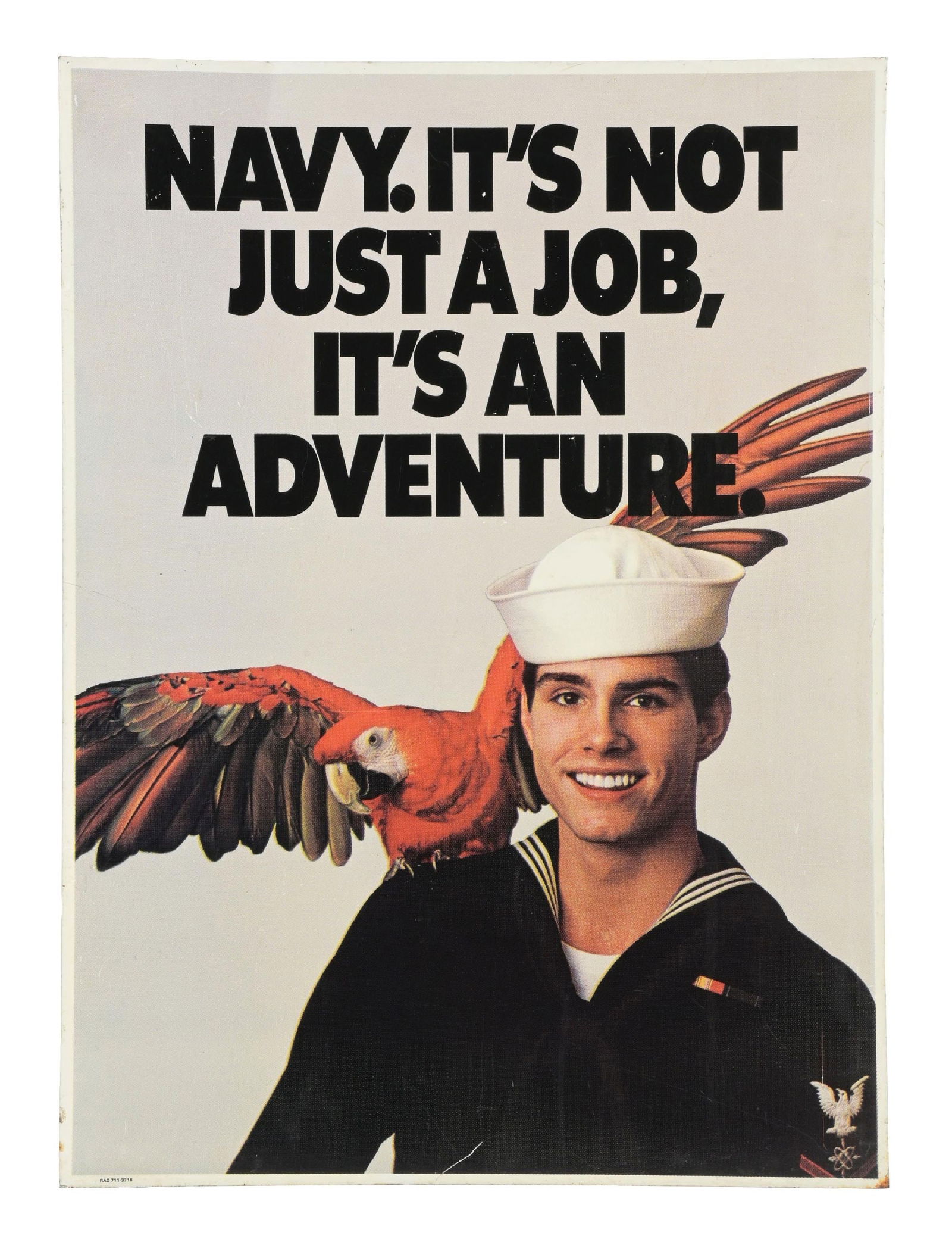 UNITED STATES NAVY TIN RECRUITMENT SIGN: DST. CONDITION: Sign shows excellent color and gloss throughout the field of each side, with each side showing different graphics. Sign shows a light amount of surface scratching in the field, as well