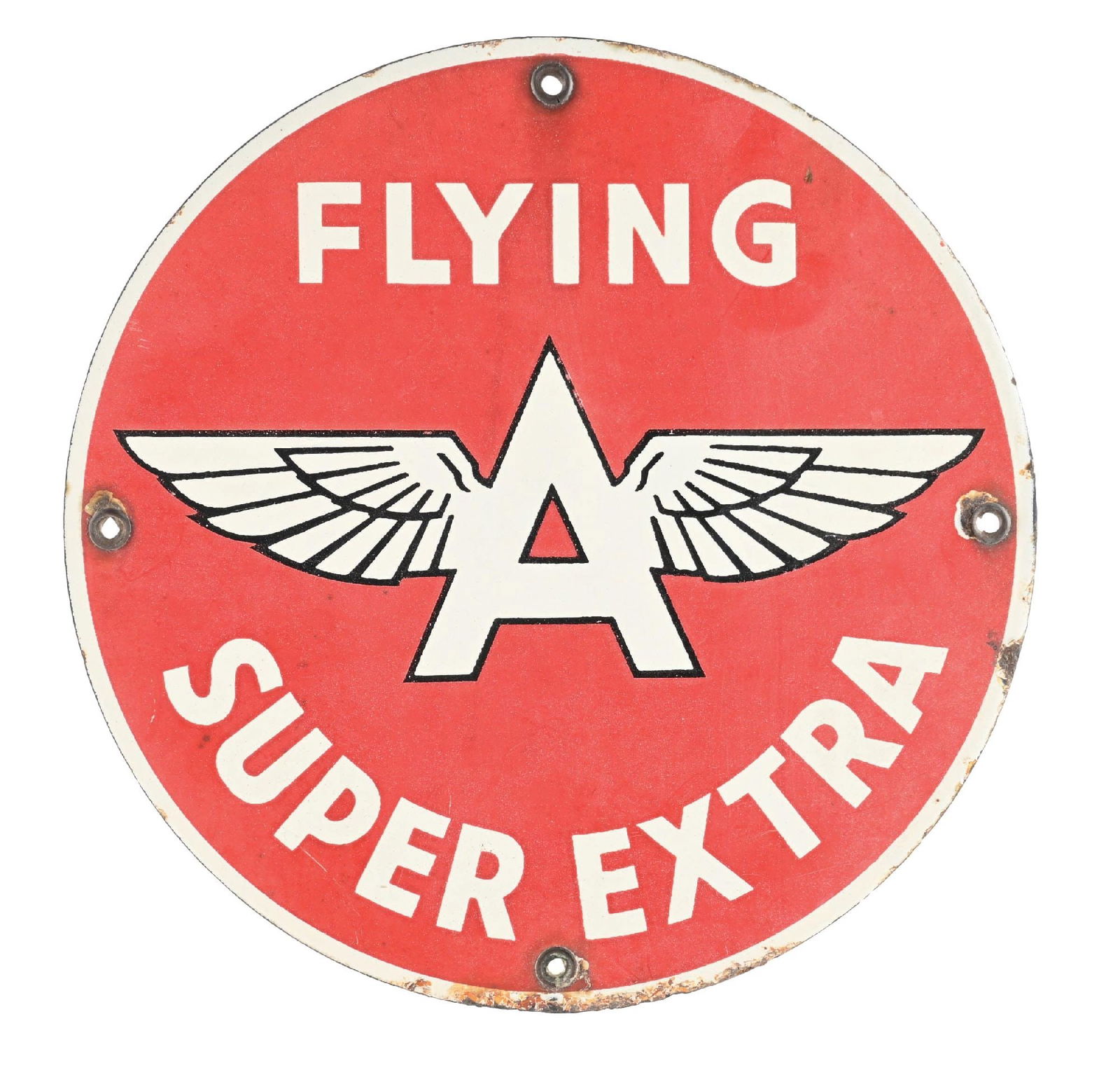 FLYING A GASOLINE SUPER EXTRA PORCELAIN PUMP PLATE SIGN: SSP. C. 1950s. CONDITION: Fair color throughout, with areas of staining as well as fading to the gloss. Moderate mounting hole wear as well as some chipping along the edges. Condition: (7.5). Dimensio