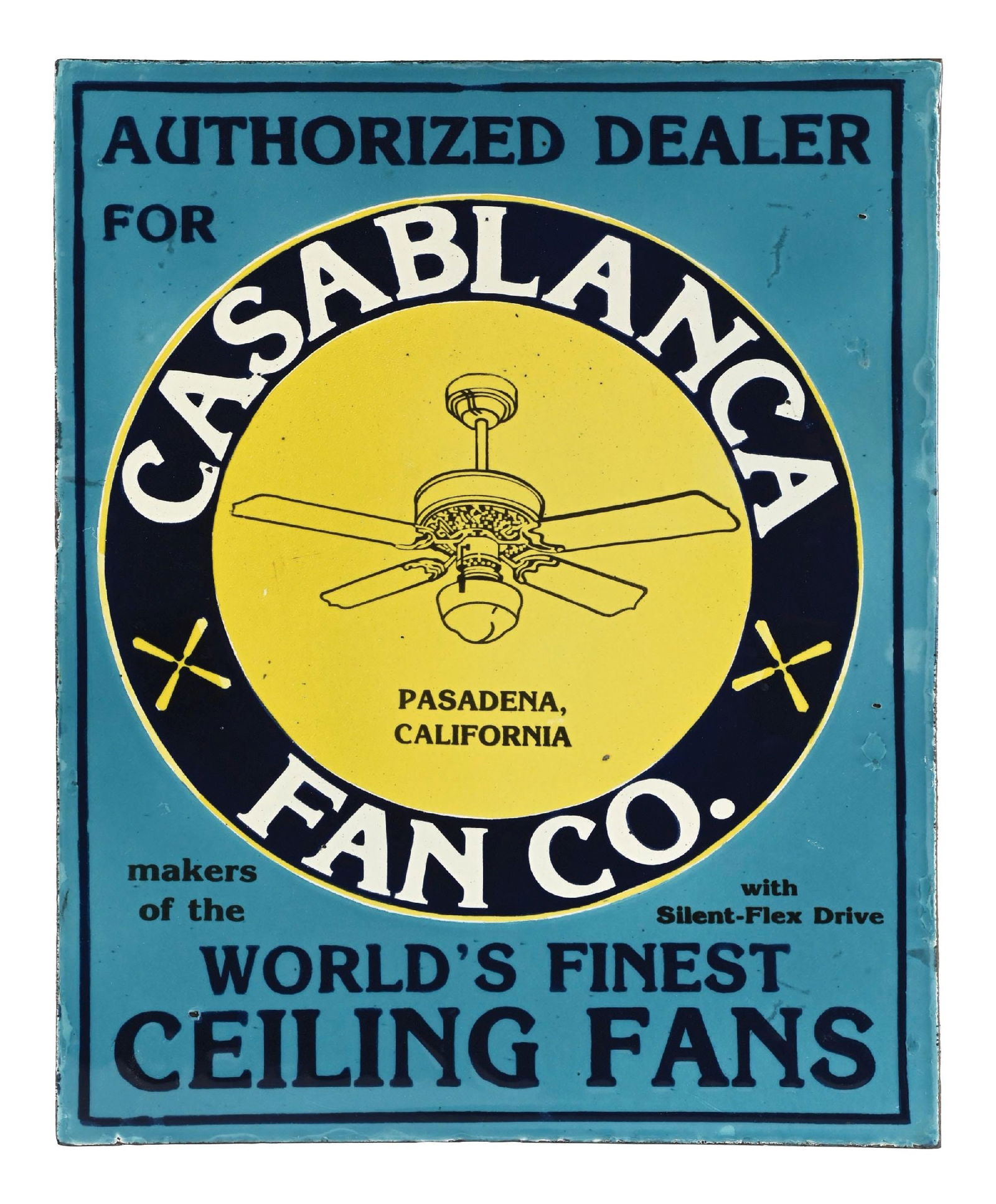 CASABLANCA FAN AUTHORIZED DEALER PORCELAIN FLANGE SIGN: DSP. CONDITION: Sign shows excellent color & gloss throughout each side with some minor areas of factory flaws in the outer fields showing some minor areas of color change as well as some light pops i