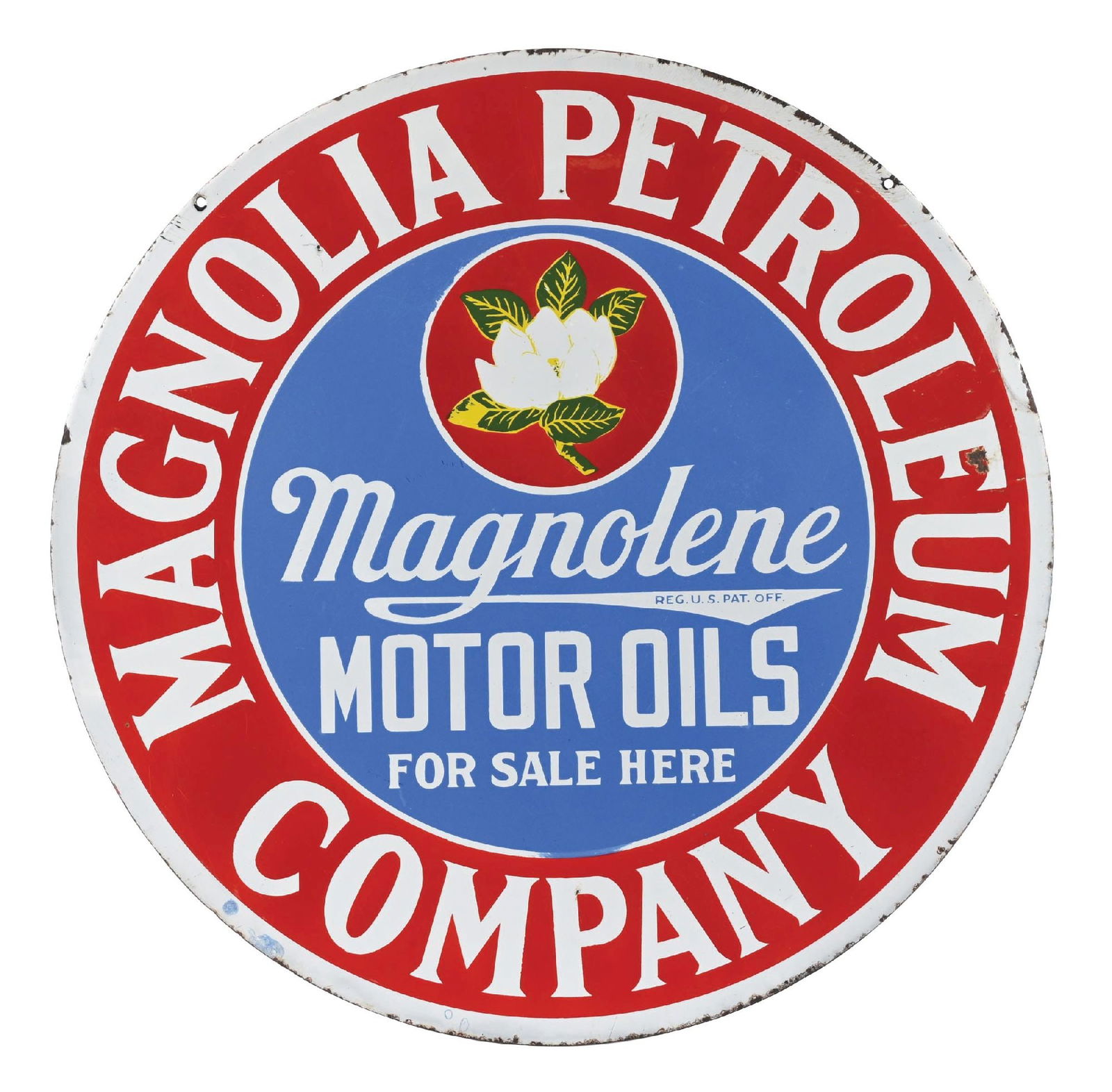 MAGNOLIA GASOLINE & MAGNOLENE MOTOR OILS FOR SALE HERE PORCELAIN SIGN: DSP. C. 1920s. CONDITION: Sign showing excellent color & gloss throughout each side with some minor areas of surface scratching as well as some light chips, mostly in the outer fields. Light fading in