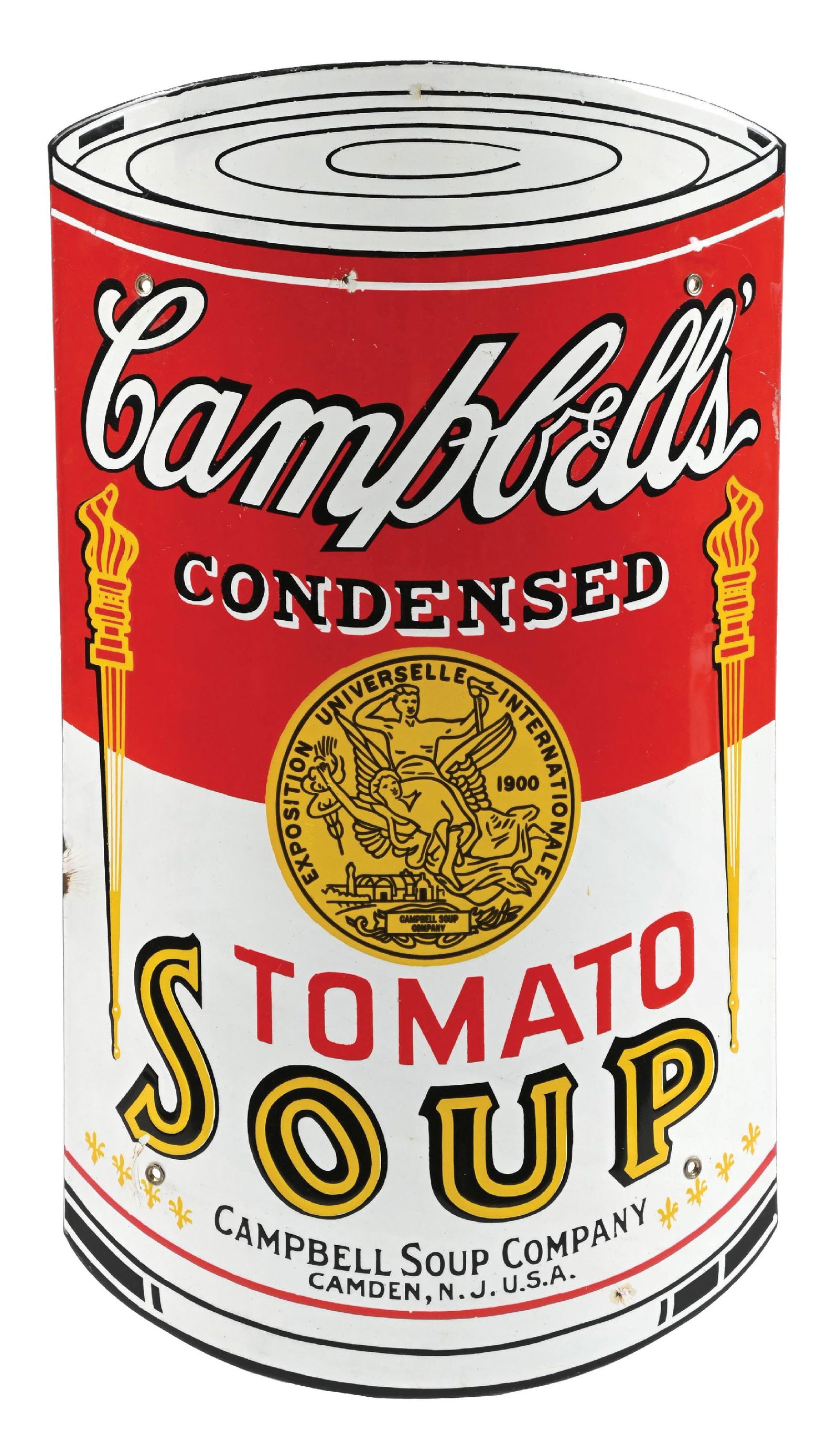 RARE CAMPBELL'S TOMATO SOUP CAN CURVED PORCELAIN SIGN: SSP. C. 1920s CONDITION: Sign shows outstanding color & gloss throughout showing minimal areas of light surface wear. Sign shows two very small chips in the outer field with faint wear at the mounting