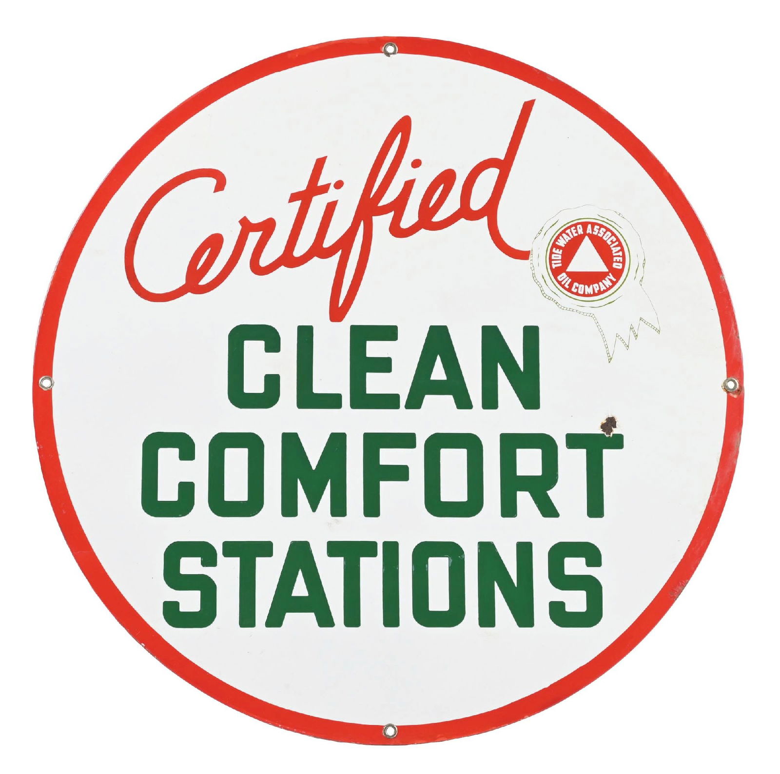 ASSOCIATED CERTIFIED "CLEAN, COMFORT STATIONS" PORCELAIN REST ROOM SIGN (1 of 2)