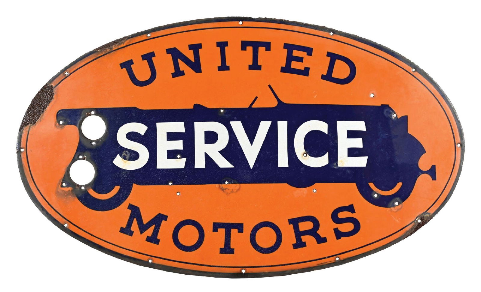 UNITED MOTORS SERVICE PORCELAIN NEON SKIN SIGN: SSP. C. 1930s. CONDITION: Fair color & gloss showing areas of surface staining as well as some oxidation to the gloss. Light mounting hole wear with chipping along the outer edges. Condition: -7.75 Di