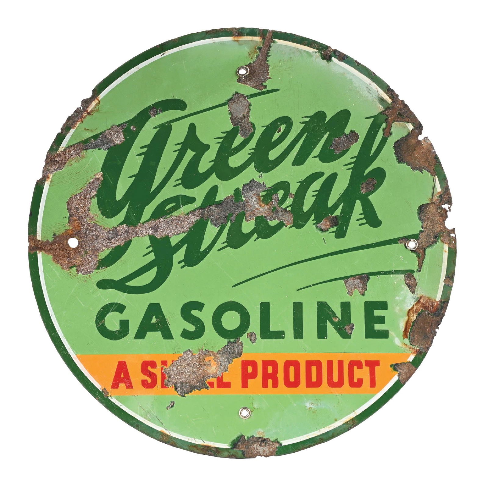 SHELL GREEN STREAK GASOLINE PORCELAIN PUMP PLATE SIGN: SSP. C. 1930s. CONDITION: Good color and gloss throughout, but shows moderate to heavy chipping in the inner and outer fields as well as some metal loss along the right edge. Sign shows areas of creas