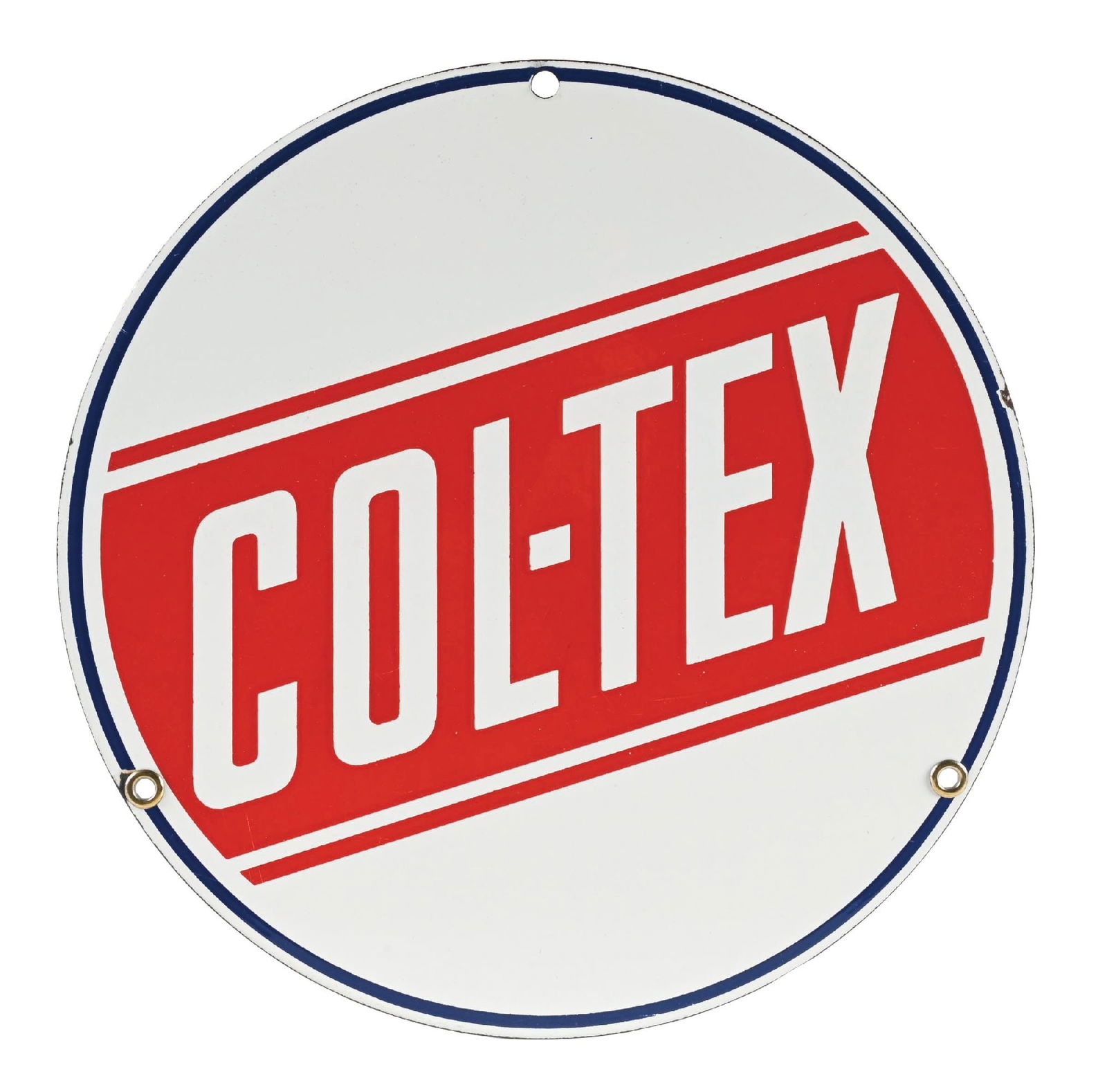 COL-TEX GASOLINE PORCELAIN PUMP PLATE SIGN: SSP. C. 1950s. CONDITION: Sign shows brilliant color and gloss throughout the field, with only minor areas of light surface scratching from storage. Left mounting hole showing one minor nick, with one