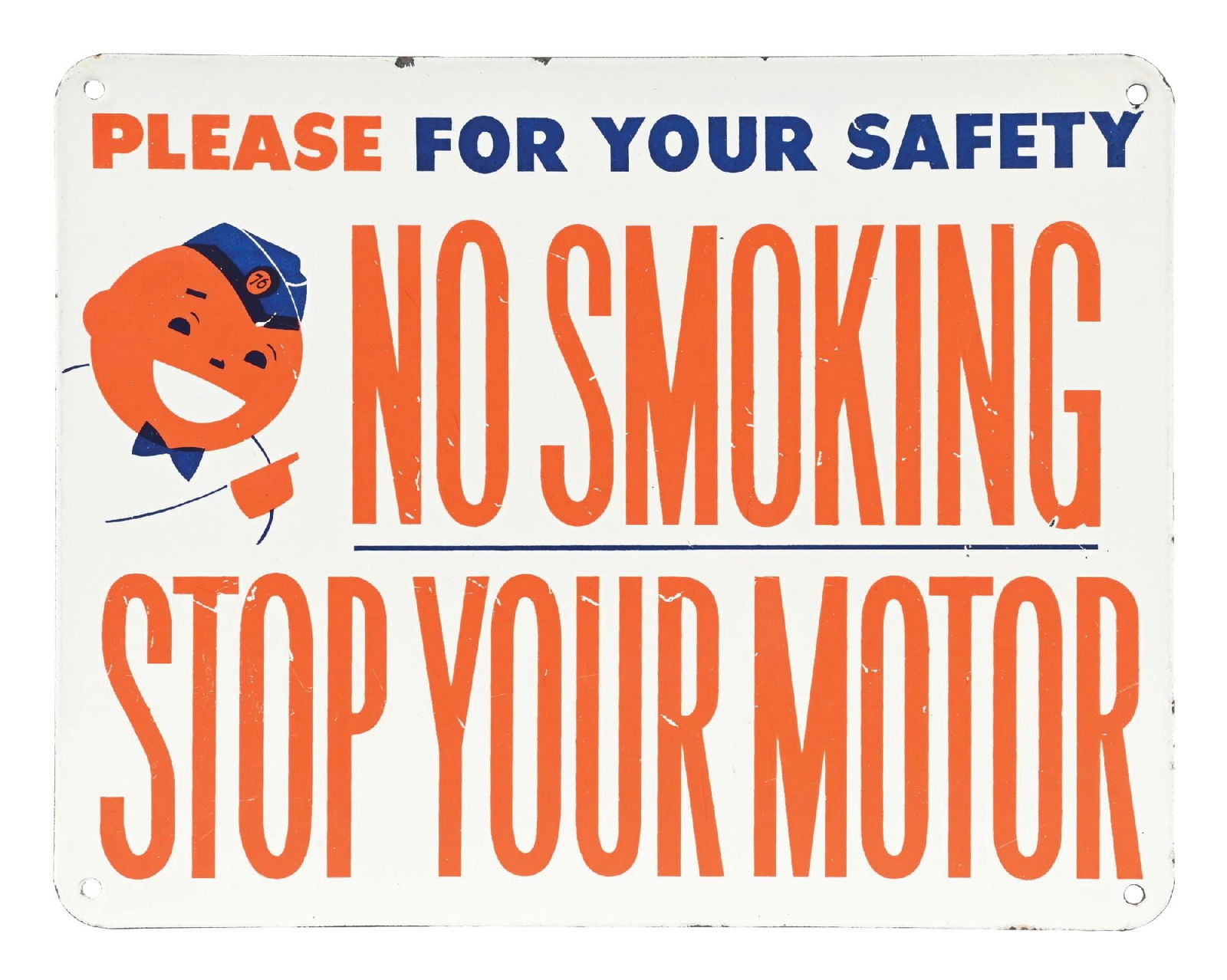 UNION 76 FOR YOUR SAFETY NO SMOKING, STOP YOUR MOTOR PORCELAIN SIGN W/ SPEEDY GRAPHIC (1 of 2)