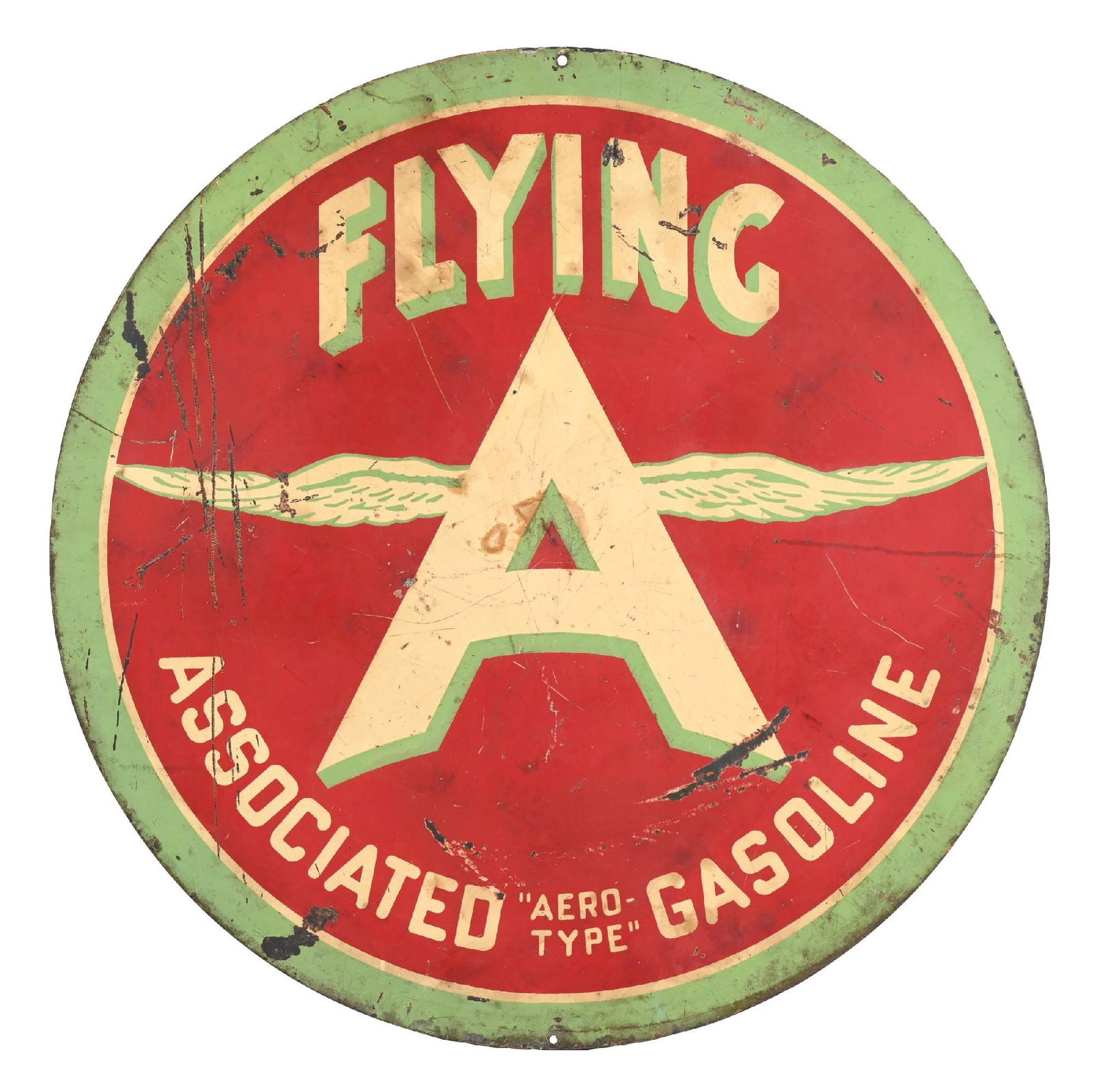 RARE ASSOCIATED FLYING A GASOLINE TIN SIGN: SST. C. 1930s. CONDITION: Sign shows fair color and gloss throughout with some minor areas of staining in the inner field, as well as some heavier surface scratching in the outer field. Sign shows mod