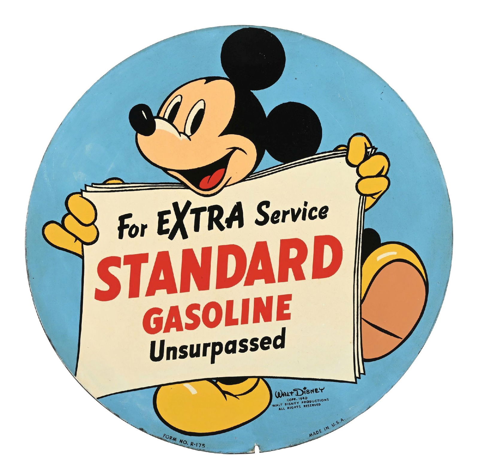 RARE STANDARD GASOLINE TIN TIRE COVER SIGN W/ MICKEY MOUSE GRAPHIC: SST. CONDITION: An exceptionally clean example throughout, showing bright color and gloss with limited areas of light storage wear and minimal surface scratches. Sign shows some minimal wear along the
