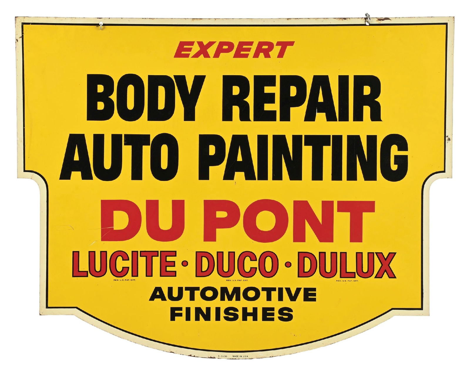 DUPONT BODY REPAIR AUTO PAINTING TIN SERVICE STATION SIGN: DST. CONDITION: Bright and glossy throughout each side, showing light areas of minor surface scratches in the field as well as some minor wear from storage. Light wear at the mounting holes with light