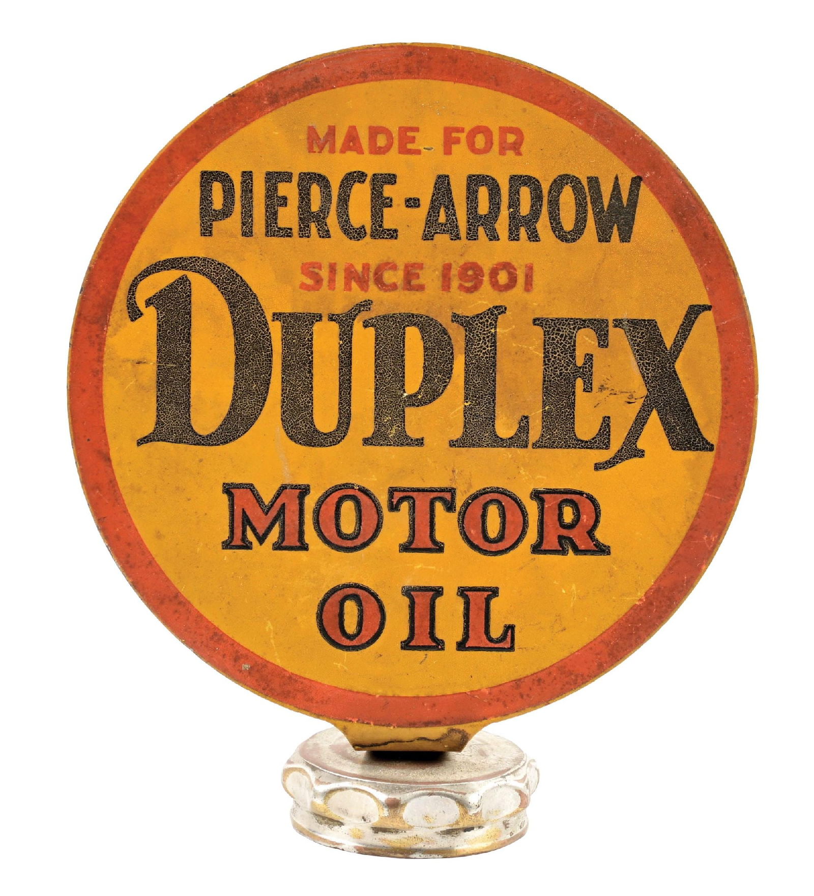 RARE DUPLEX MOTOR OIL FOR PIERCE ARROW AUTOMOBILES TIN LUBSTER PADDLE SIGN: DST. C. 1920's. CONDITION: Sign shows fair color and gloss throughout each side with light areas of grease staining as well as surface scratching. Sign shows minor alligatoring in the black paint with