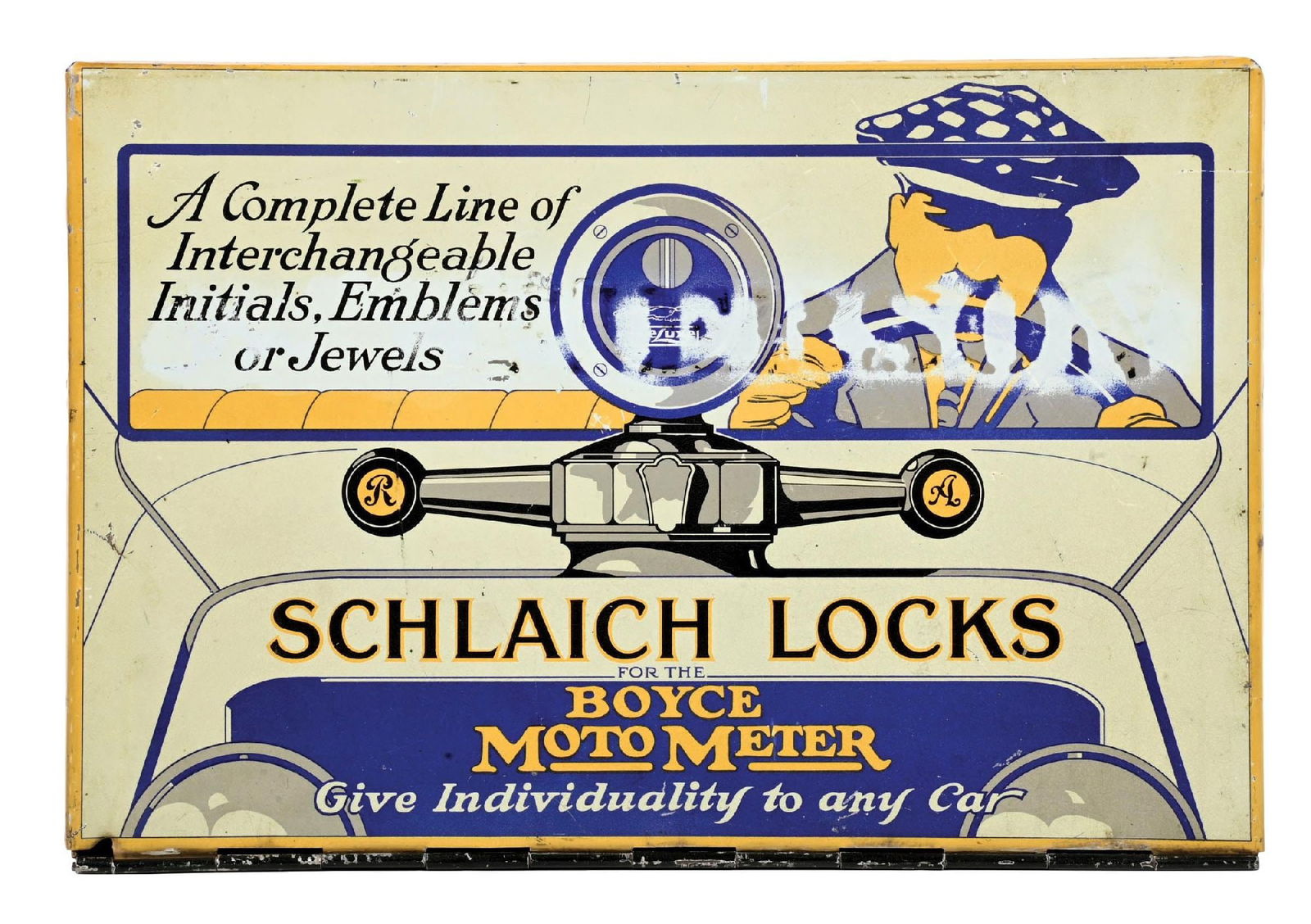 RARE SCHLAICH LOCKS FOR BOYCE MOTOR METER TIN STORE DISPLAY SUPPLY BOX W/ DRIVER GRAPHIC (1 of 4)