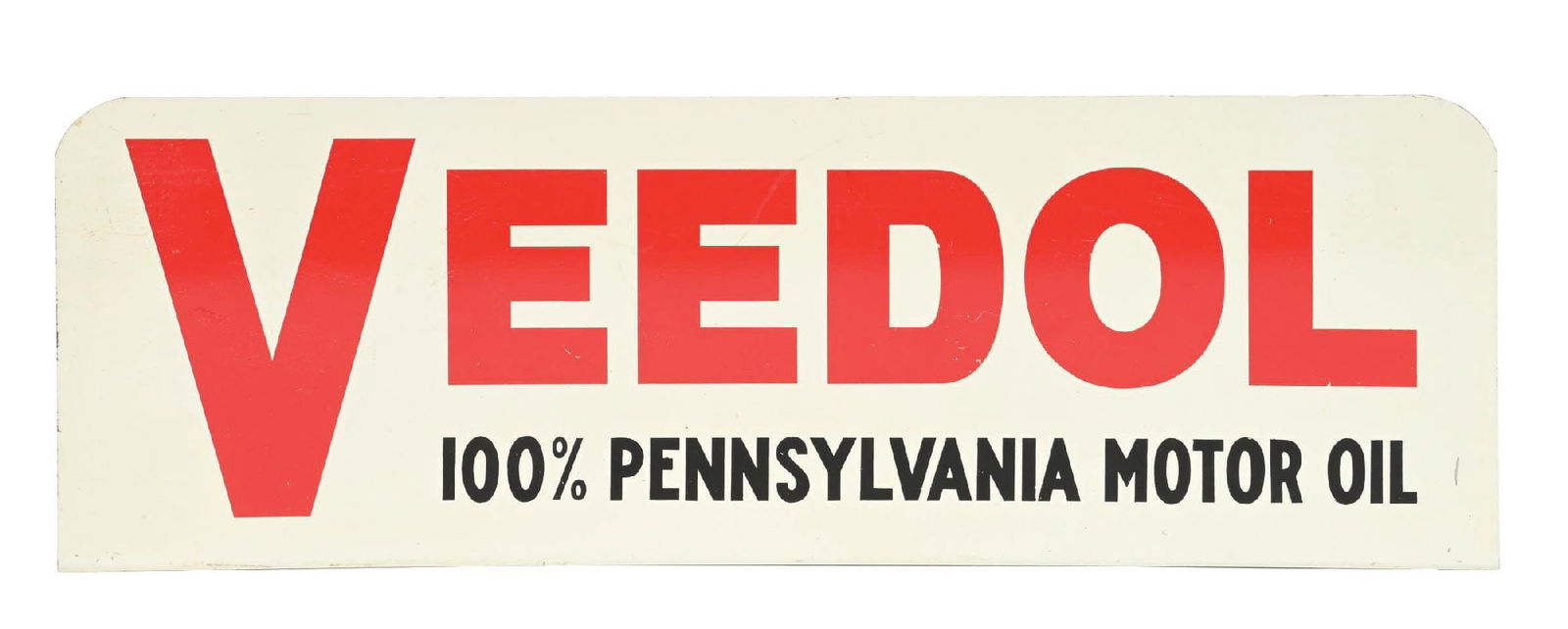 VEEDOL MOTOR OIL TIN RACK TOPPER SIGN: DST. C. 1950s. CONDITION: Each side showing excellent color and gloss, with light surface scratches and storage wear. Sign shows a flange base with light wear at the mounting holes. Condition: (8.5).