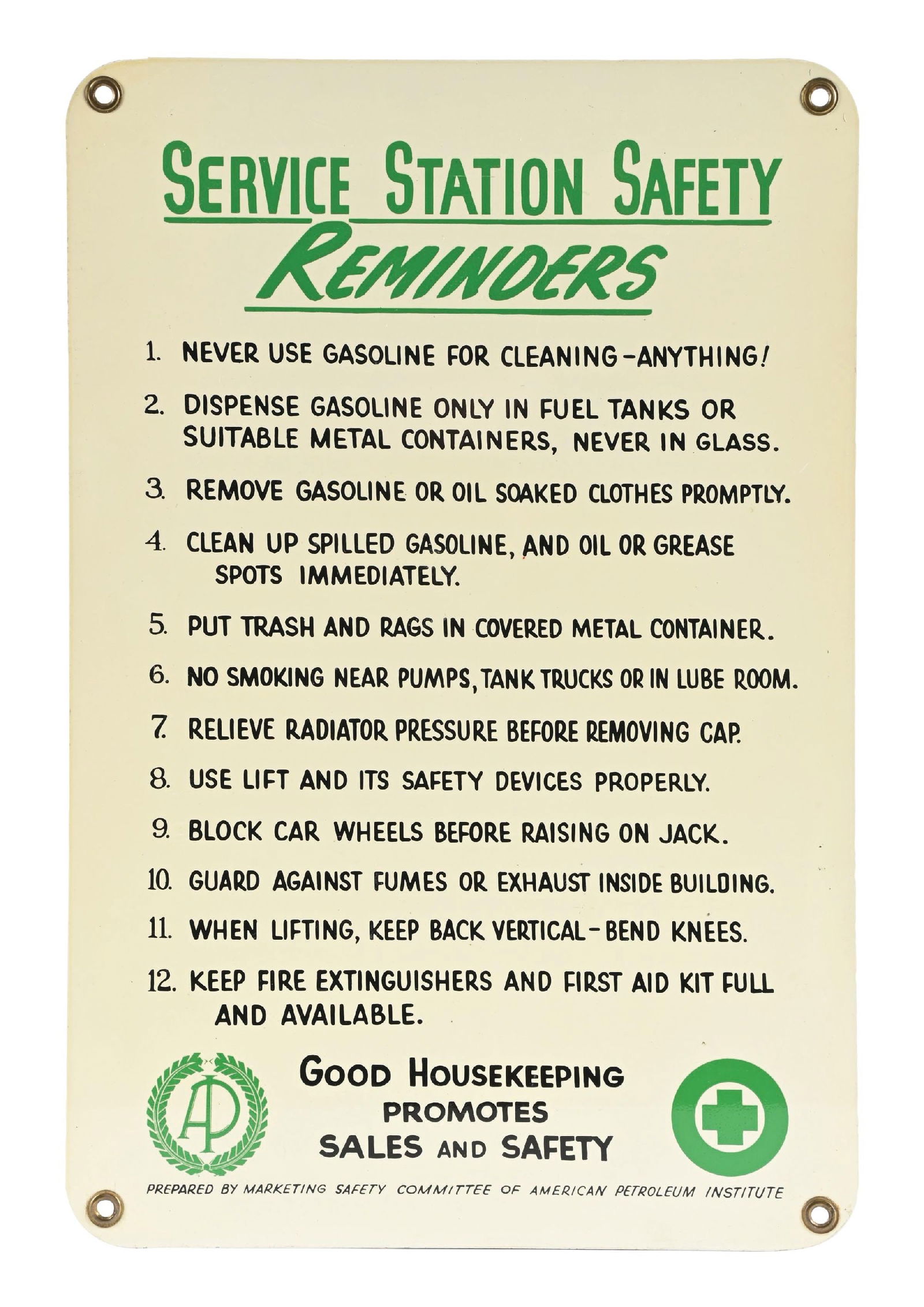 AMERICAN PETROLEUM INSTITUTE SERVICE STATION SAFETY REMINDER TIN SIGN (1 of 2)