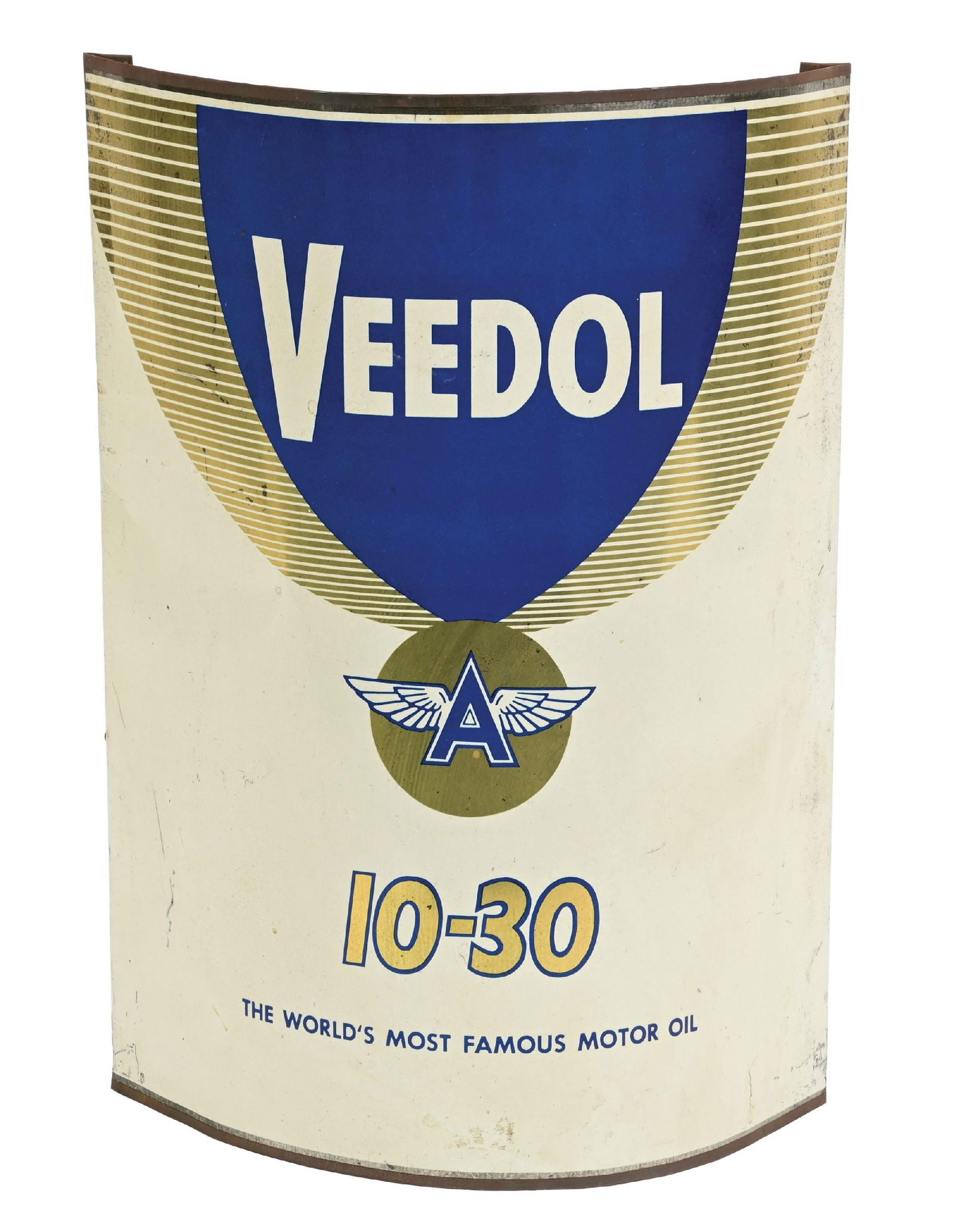 VEEDOL 10-30 MOTOR OIL CURVED TIN SIGN W/ FLYING A GRAPHIC (1 of 3)