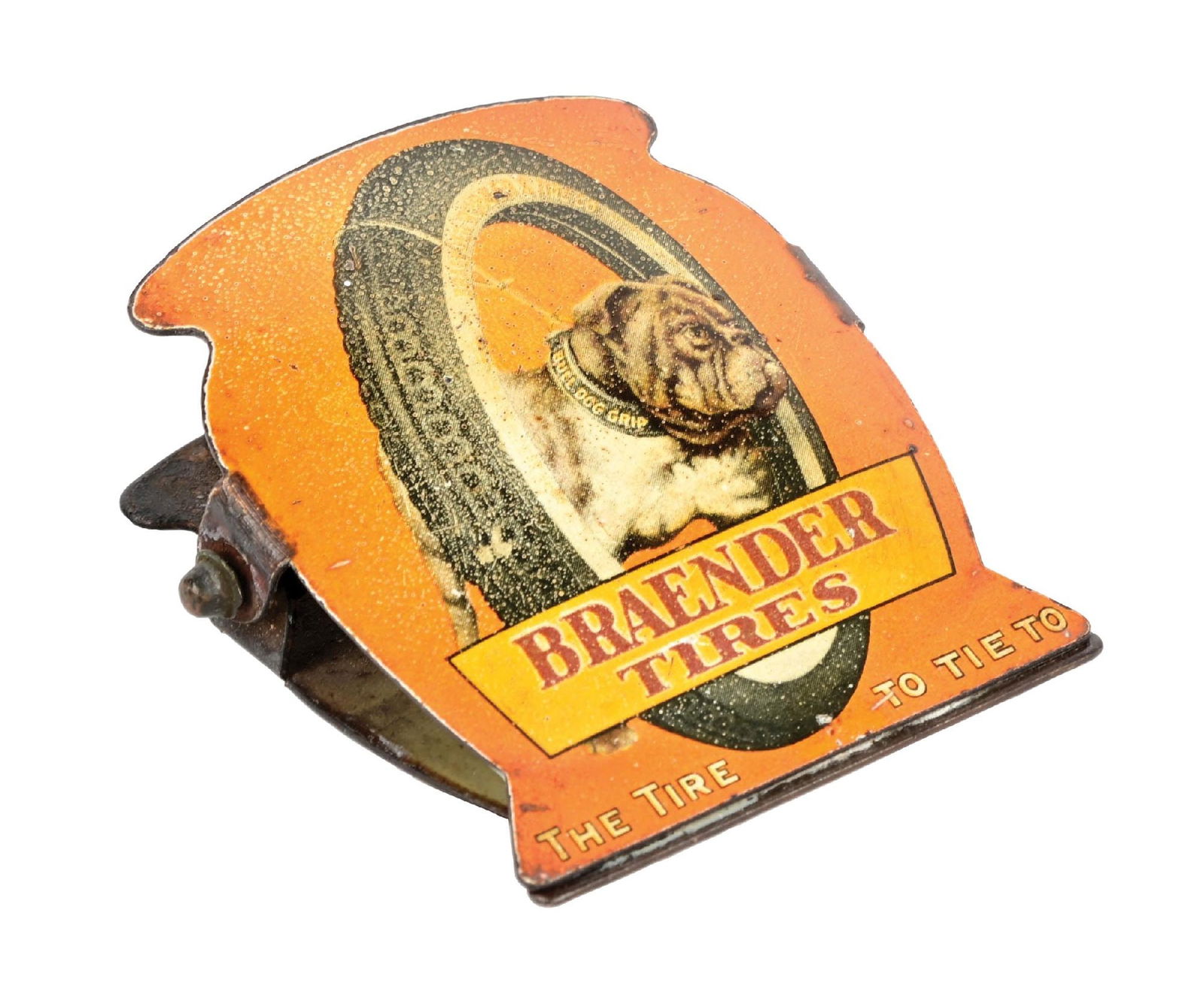 RARE BRAENDER TIRES TIN LITHO ADVERTISING CLIP W/ BULLDOG GRAPHIC (1 of 4)
